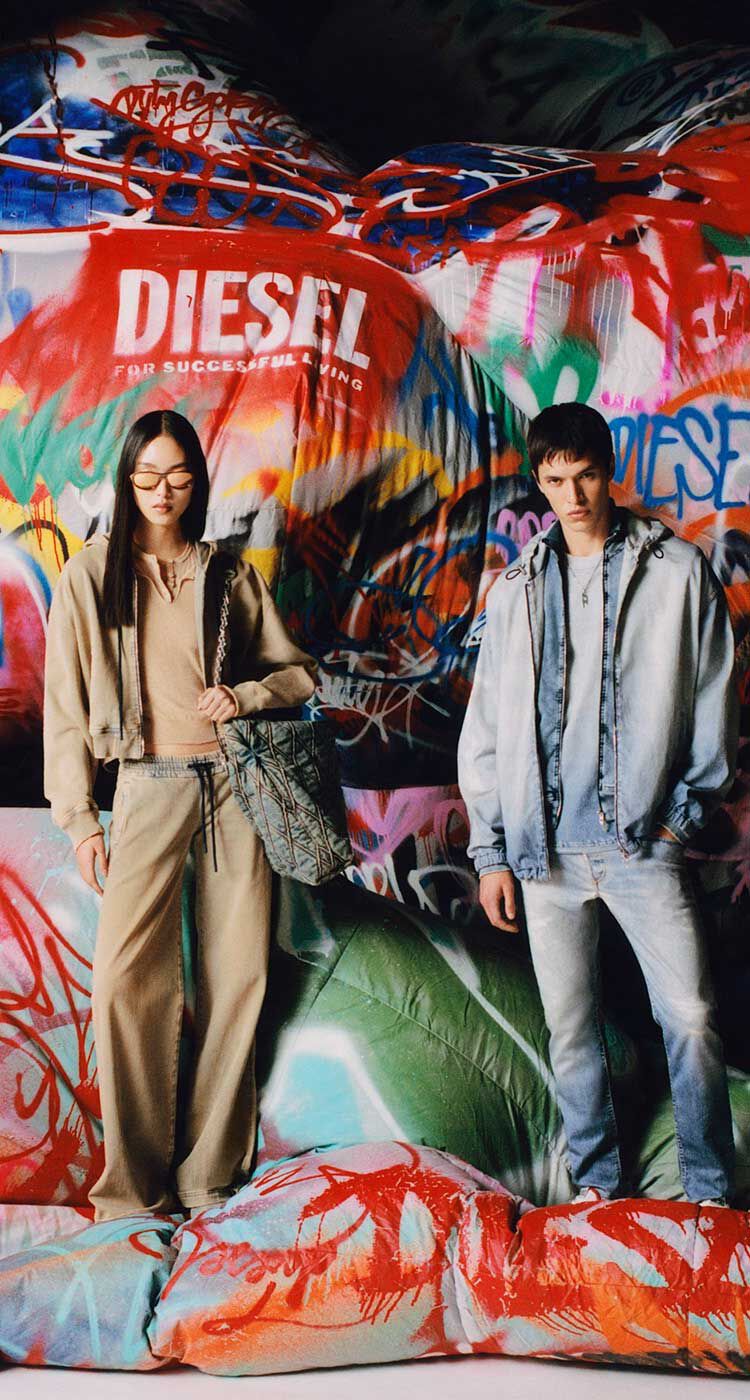 Two persons wearing Diesel denim from Fall Winter 2025 Collection