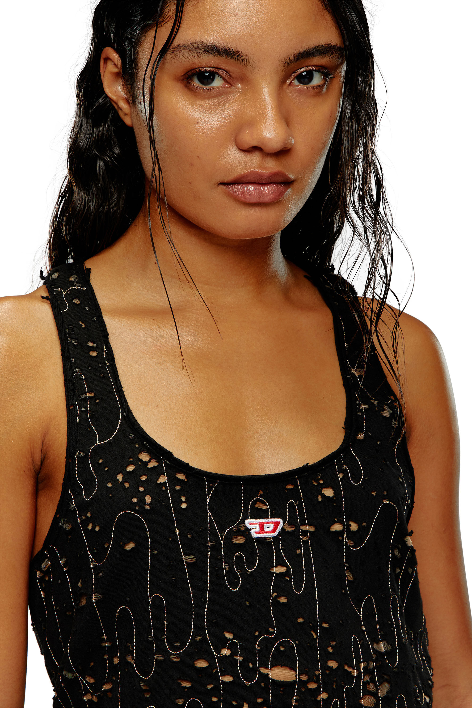 Women's Tulle tank top with destroyed jersey | Black | Diesel