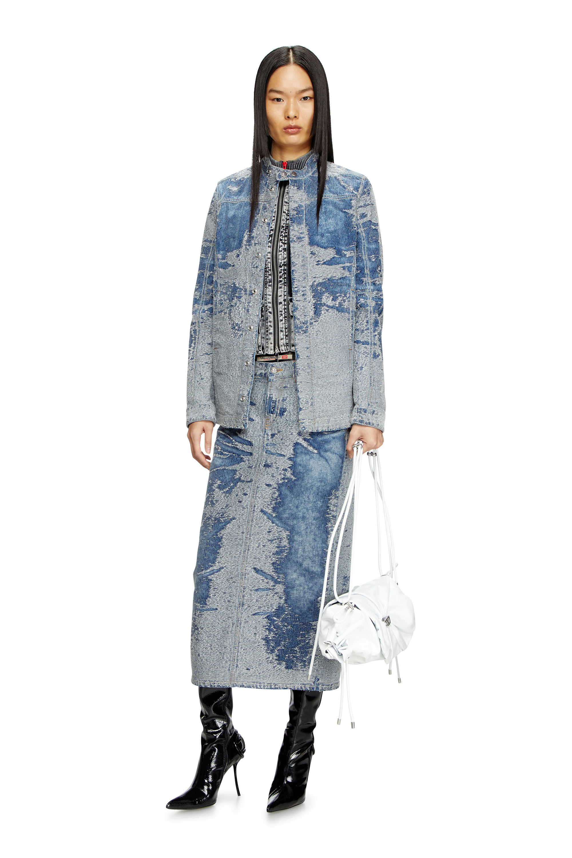 Women's Midi skirt in distressed jacquard denim | Blue | Diesel