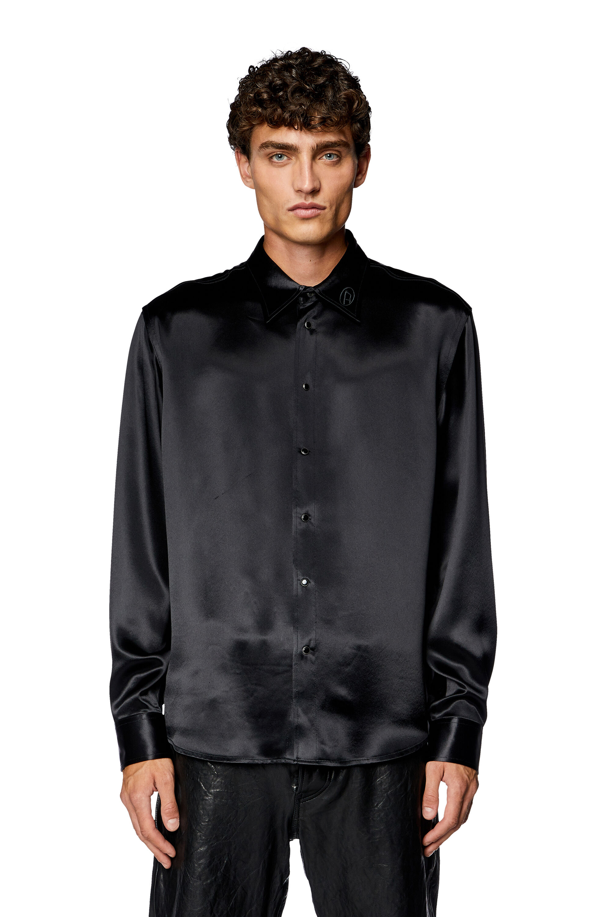 Men s Satin shirt with logo embroidered collar Black Diesel