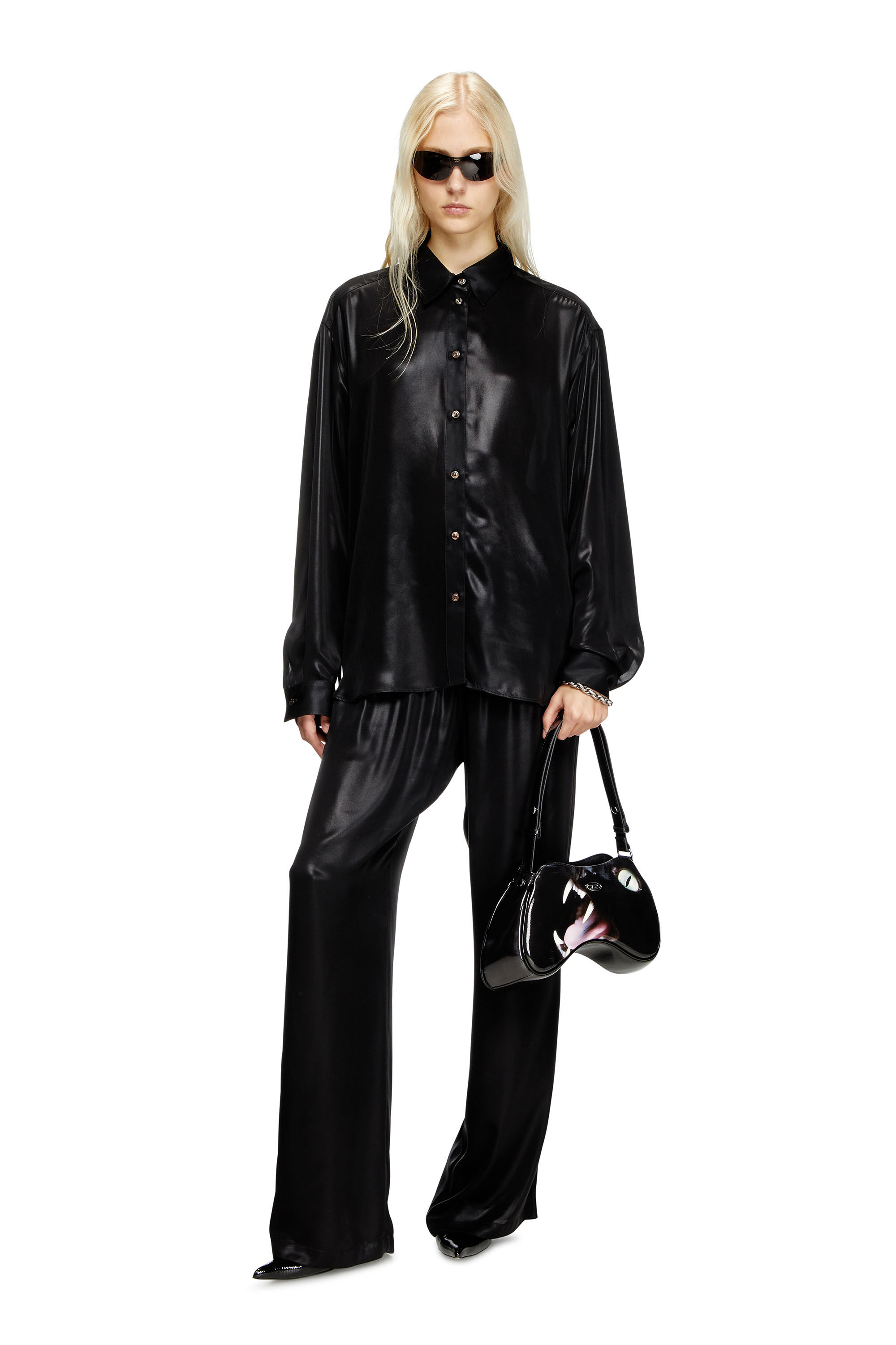 Diesel - S-SIMPLY-C-WN-Q1, Camisa fluida de tejido laminado Mujer in Negro - 1