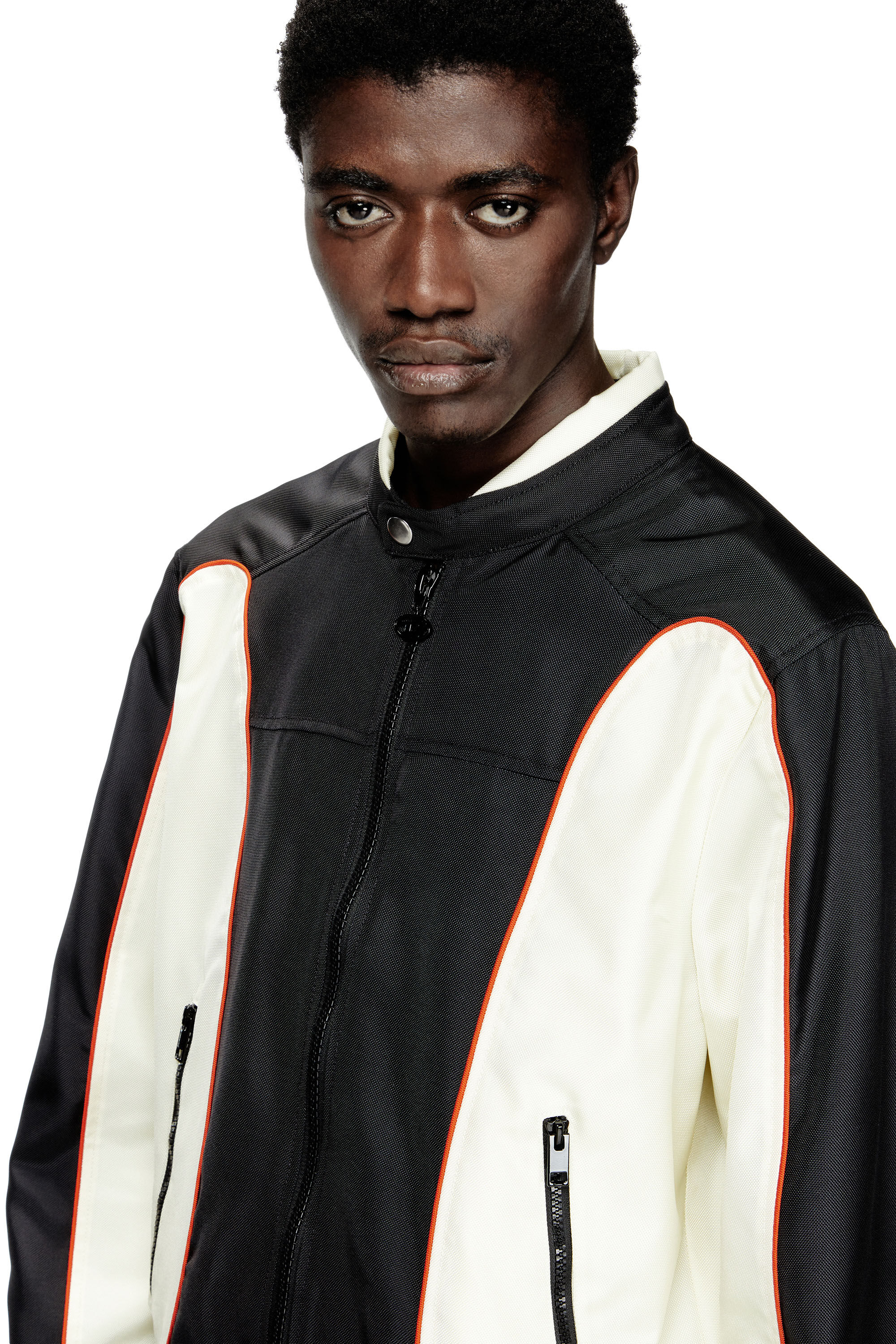 Diesel - J-BLINK-A, Man's Colour-block biker jacket with piping in White/Black - 4
