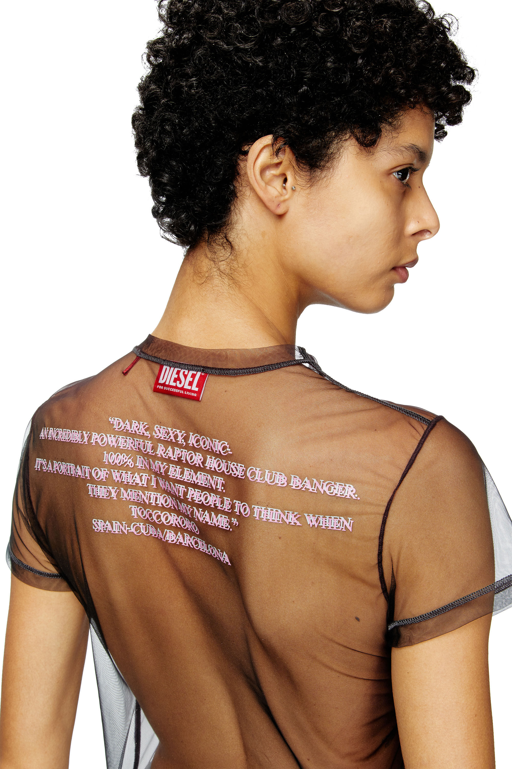 Diesel - T-YRAC, Top transparente con estampado de letras de canciones Mujer in Negro - 4