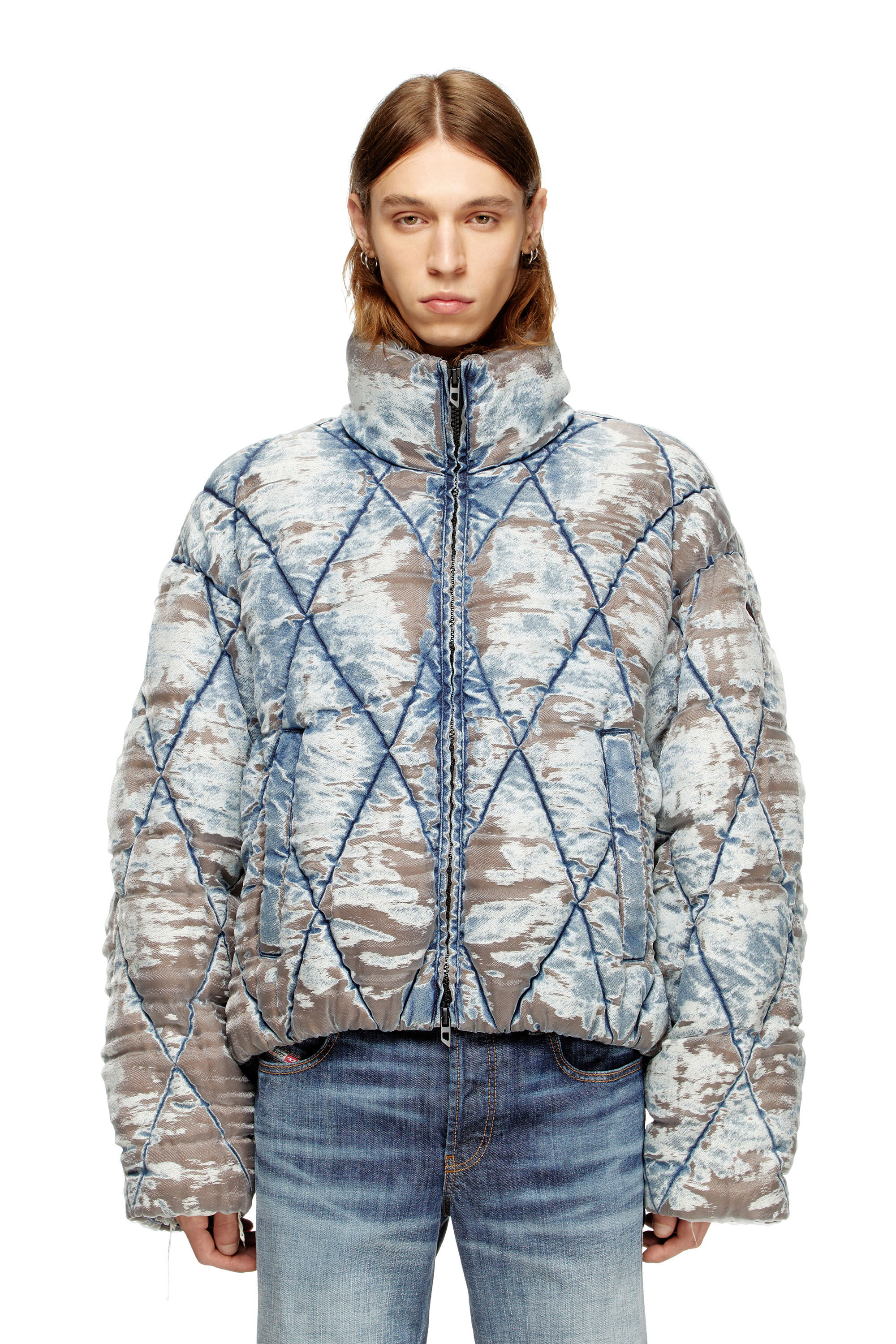 Diesel - W-KONS, Man's Padded jacket in argyle-quilted devoré denim in null - 3