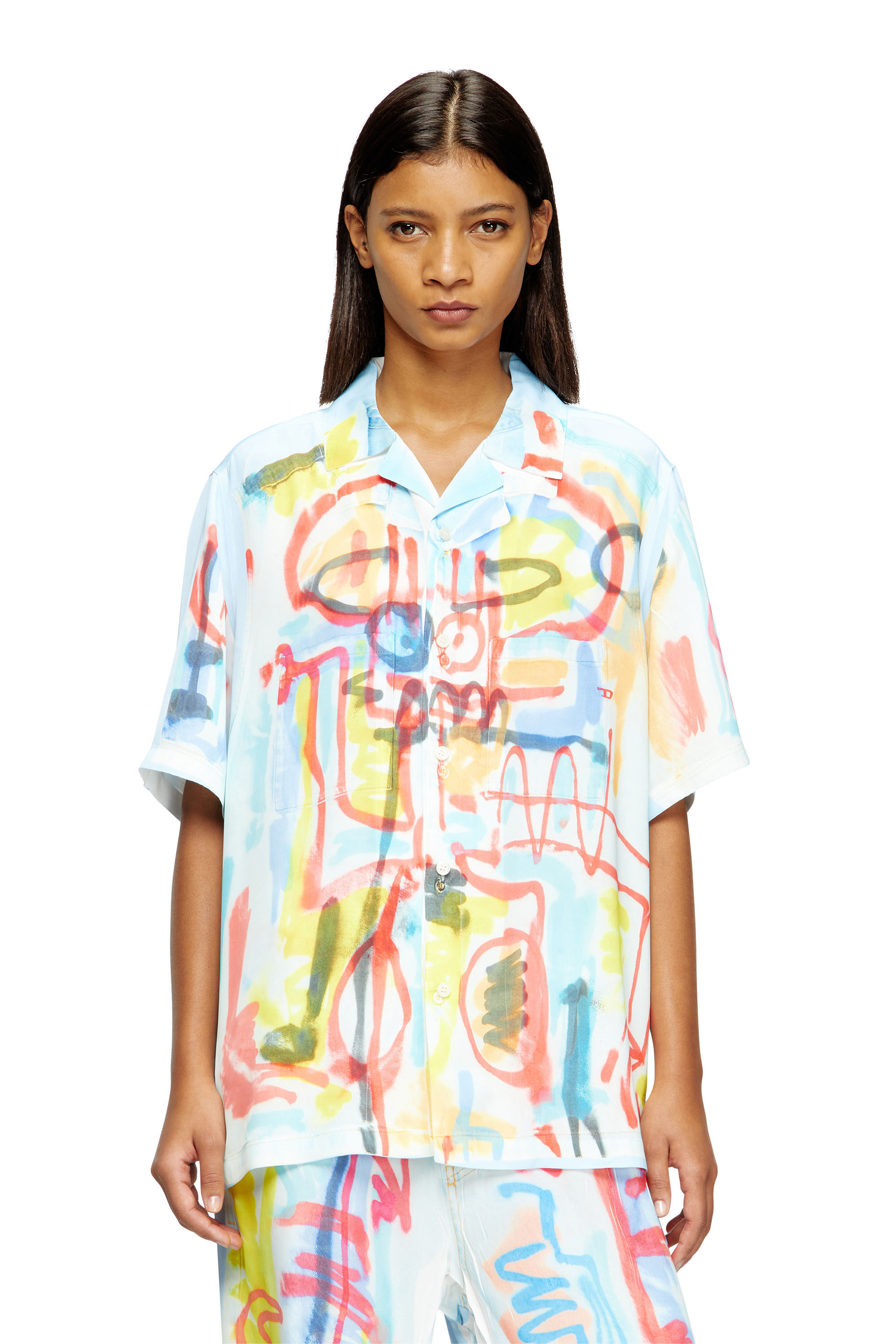Diesel - C-PAROSHORT-GRAFFITI-AFR, Camisa de bolos de satén con estampado graffiti Unisex in Azul marino - 5