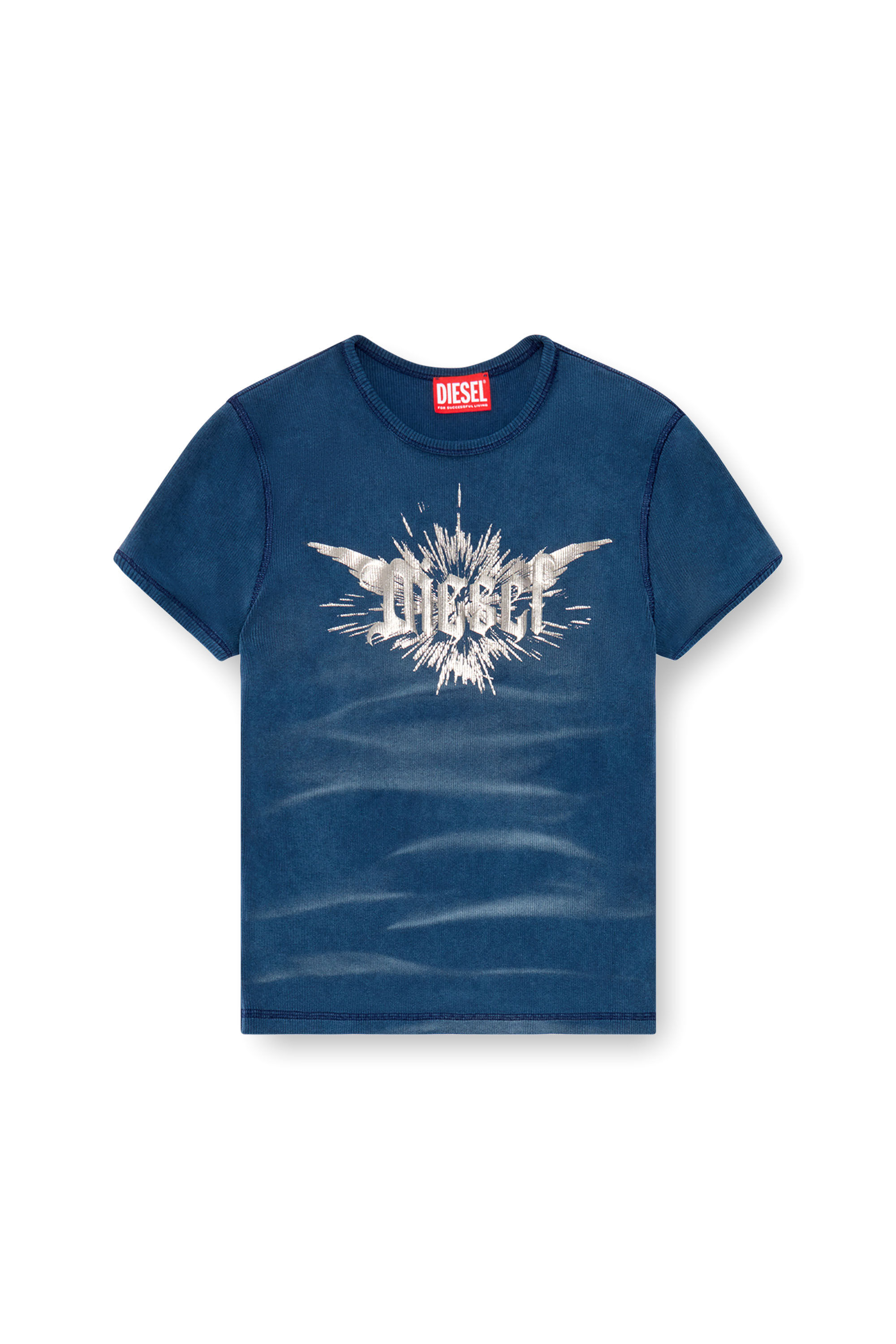 Women s T shirt with winged Diesel foil print Blue Diesel
