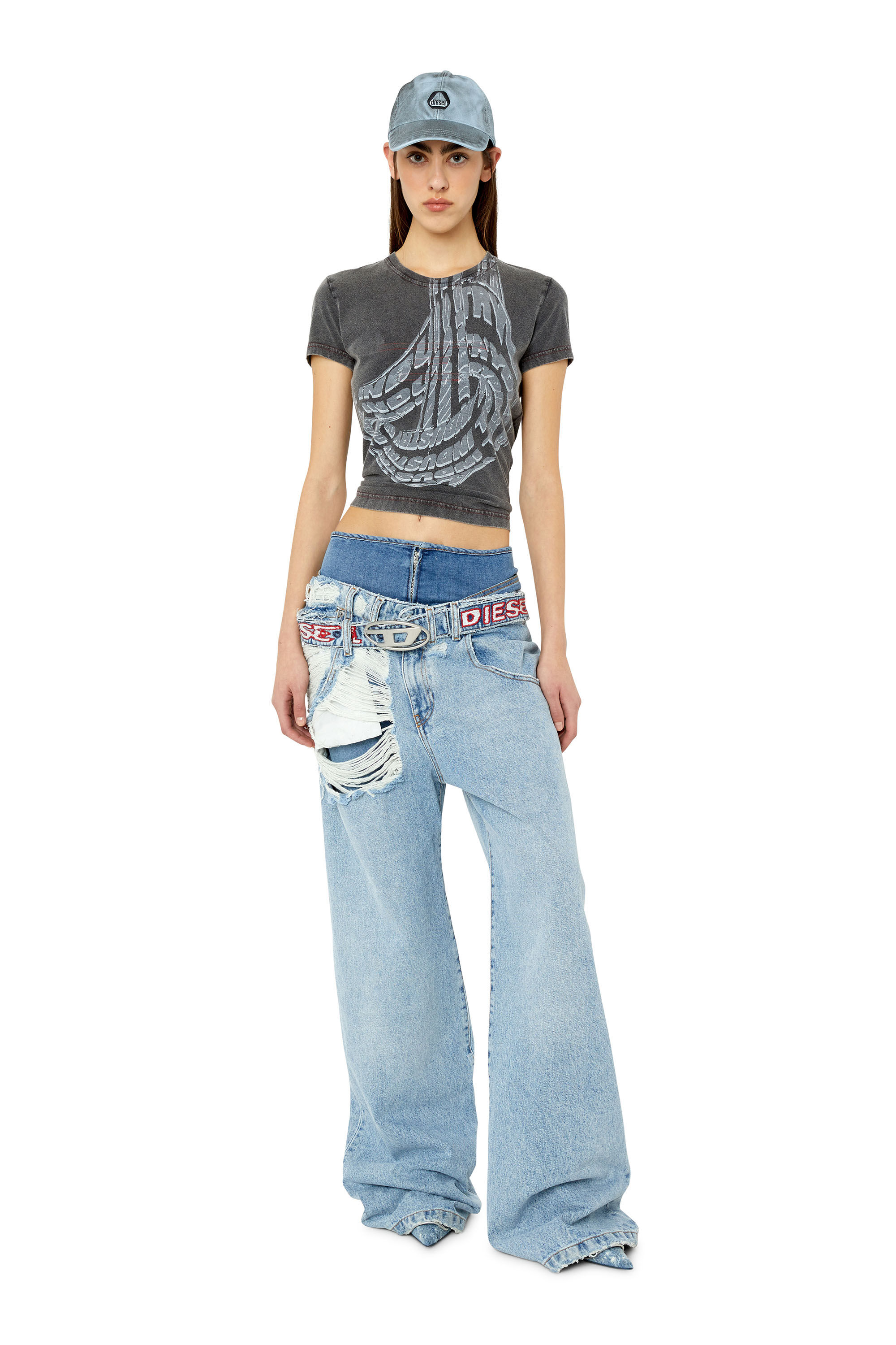 Diesel - T-SLIDART, Woman's Acid-wash T-shirt with graphic logo print in Black - 1