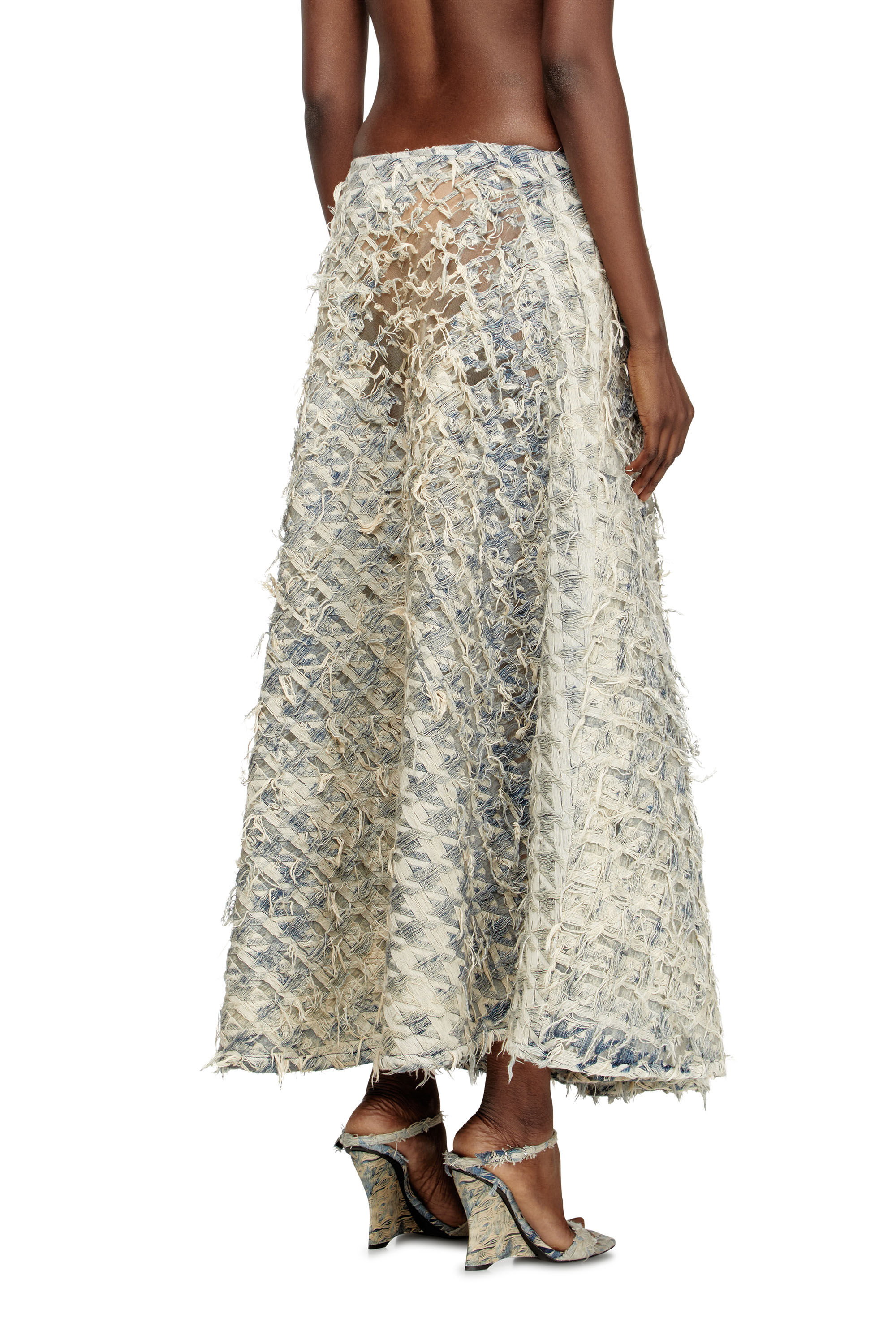 Diesel - DE-ANNINA-FSH, Woman's Long skirt in dévoré houndstooth denim in Light Blue - 4