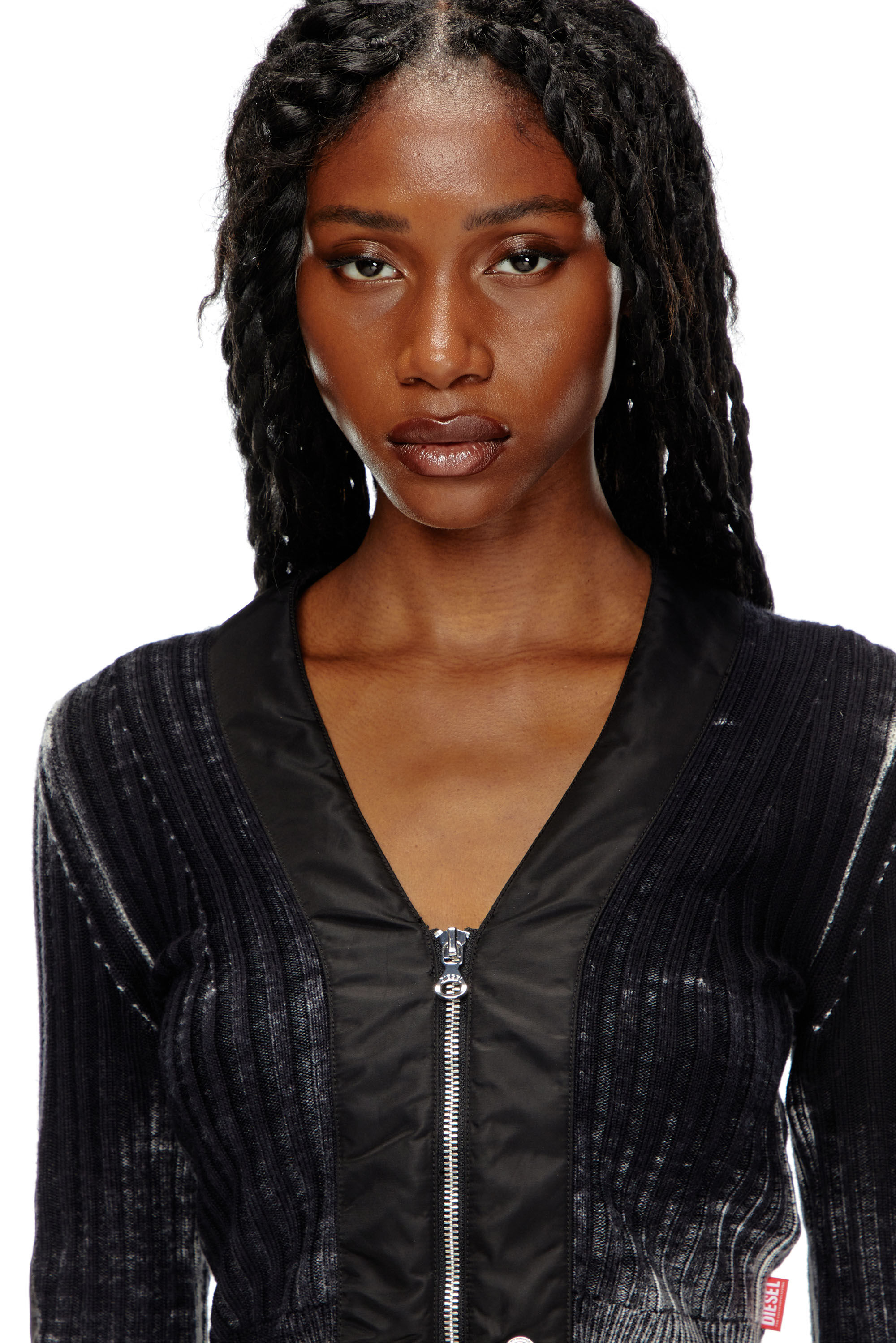 Women's Cropped wool cardigan with nylon trims | Black | Diesel