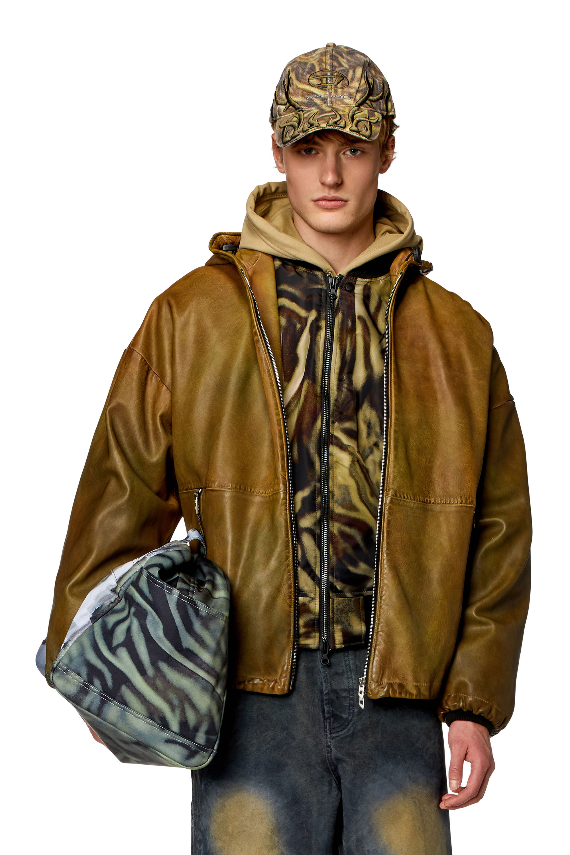 Men s Hooded leather jacket Brown Diesel