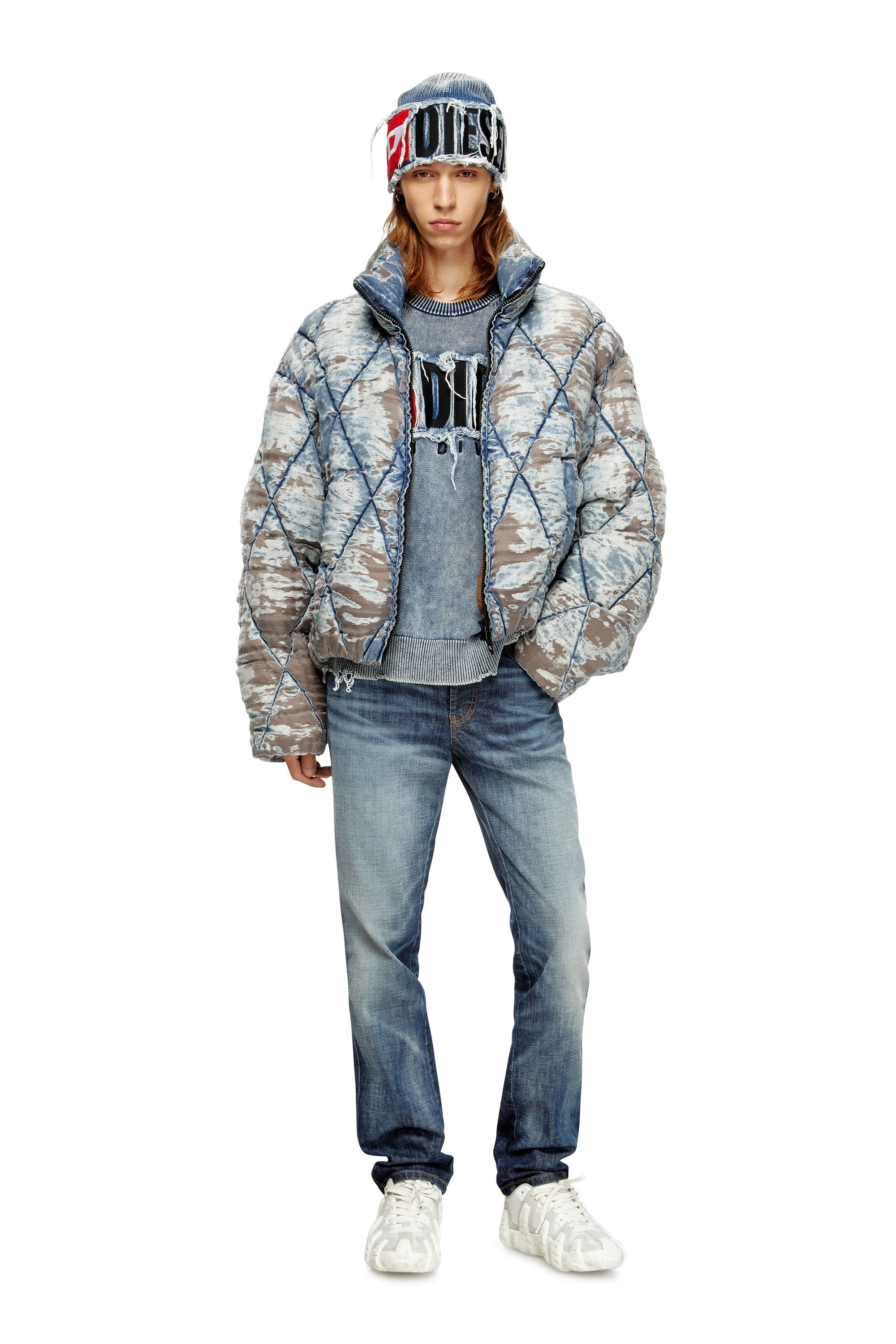 Diesel - W-KONS, Man's Padded jacket in argyle-quilted devoré denim in null - 1