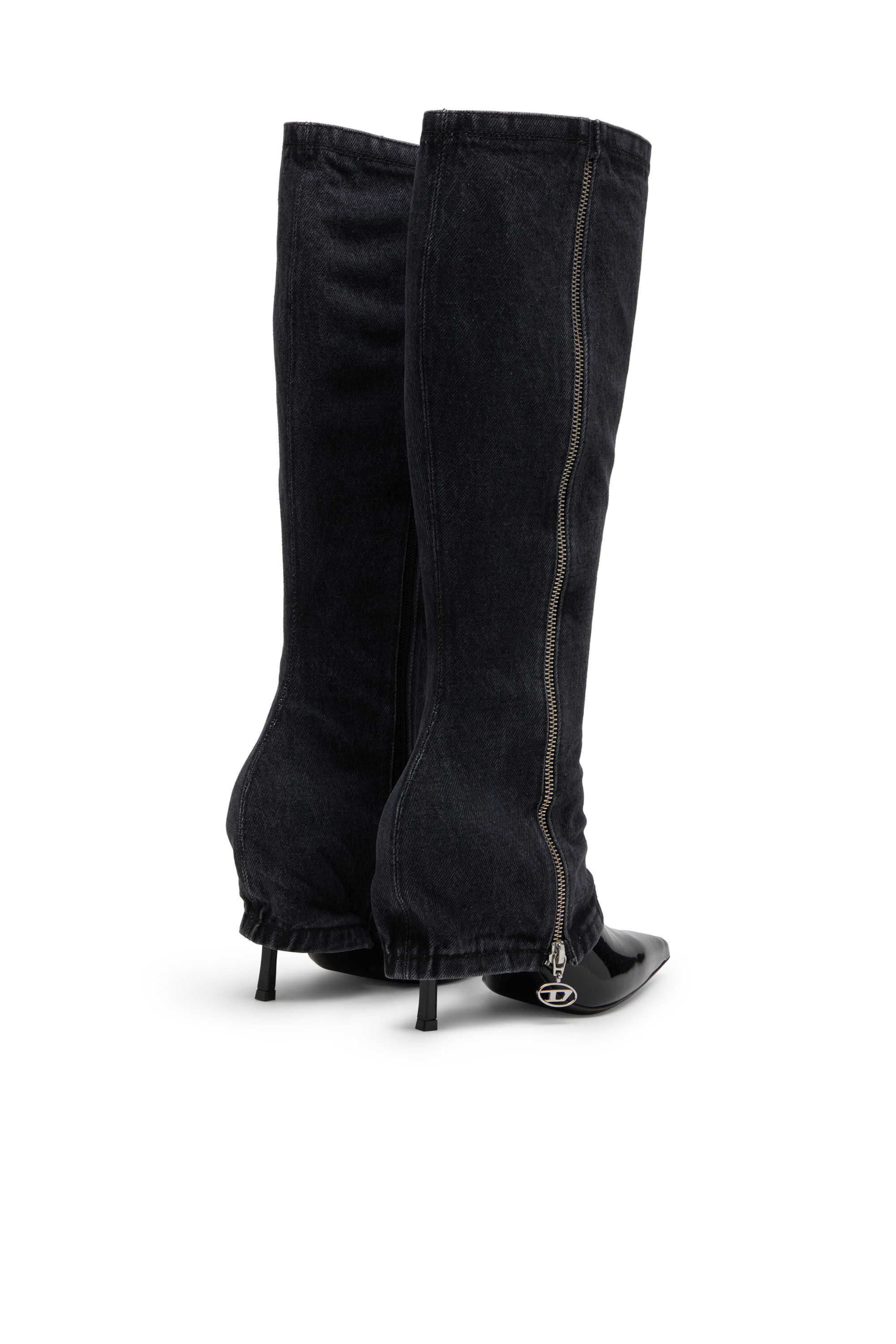 Diesel - D-VENUS TWISTED BOOT, D-Venus-Botas con tacones de aguja hasta la rodilla y efecto trampantojo de tejido vaquero Mujer in Negro - 3
