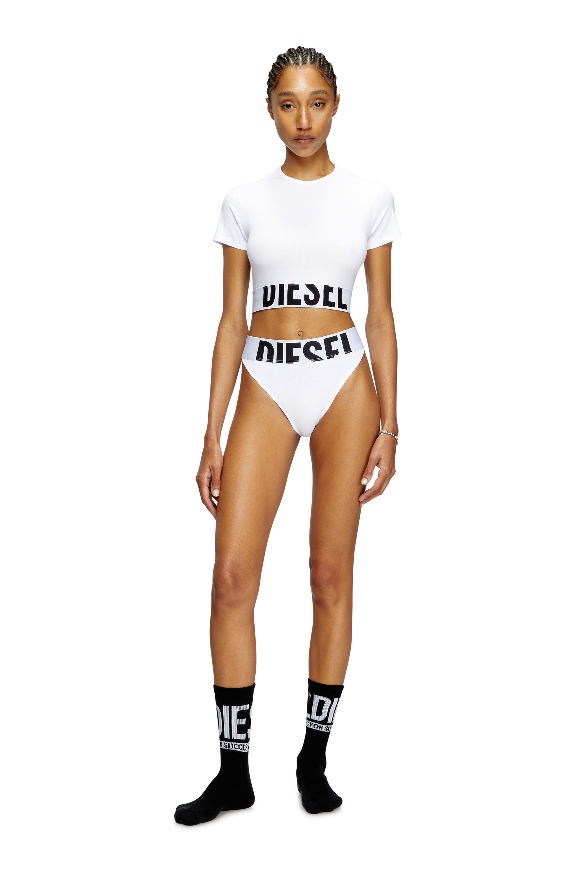 Diesel - UFTEE-SPORT-CROPPED-T-SHIRT, Woman's Sporty cropped top with logo band in White - 2