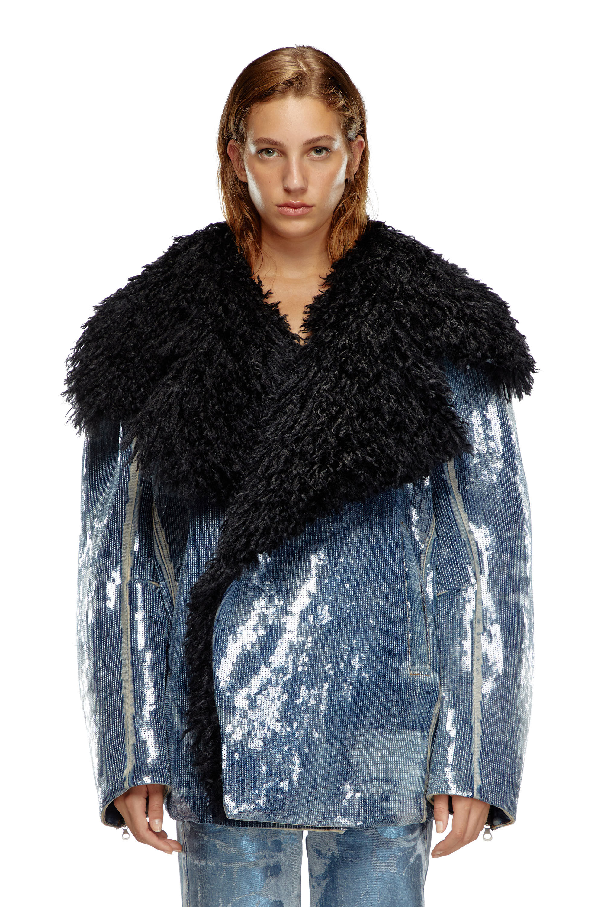 Women's Sequin denim jacket with shaggy collar | Blue | Diesel