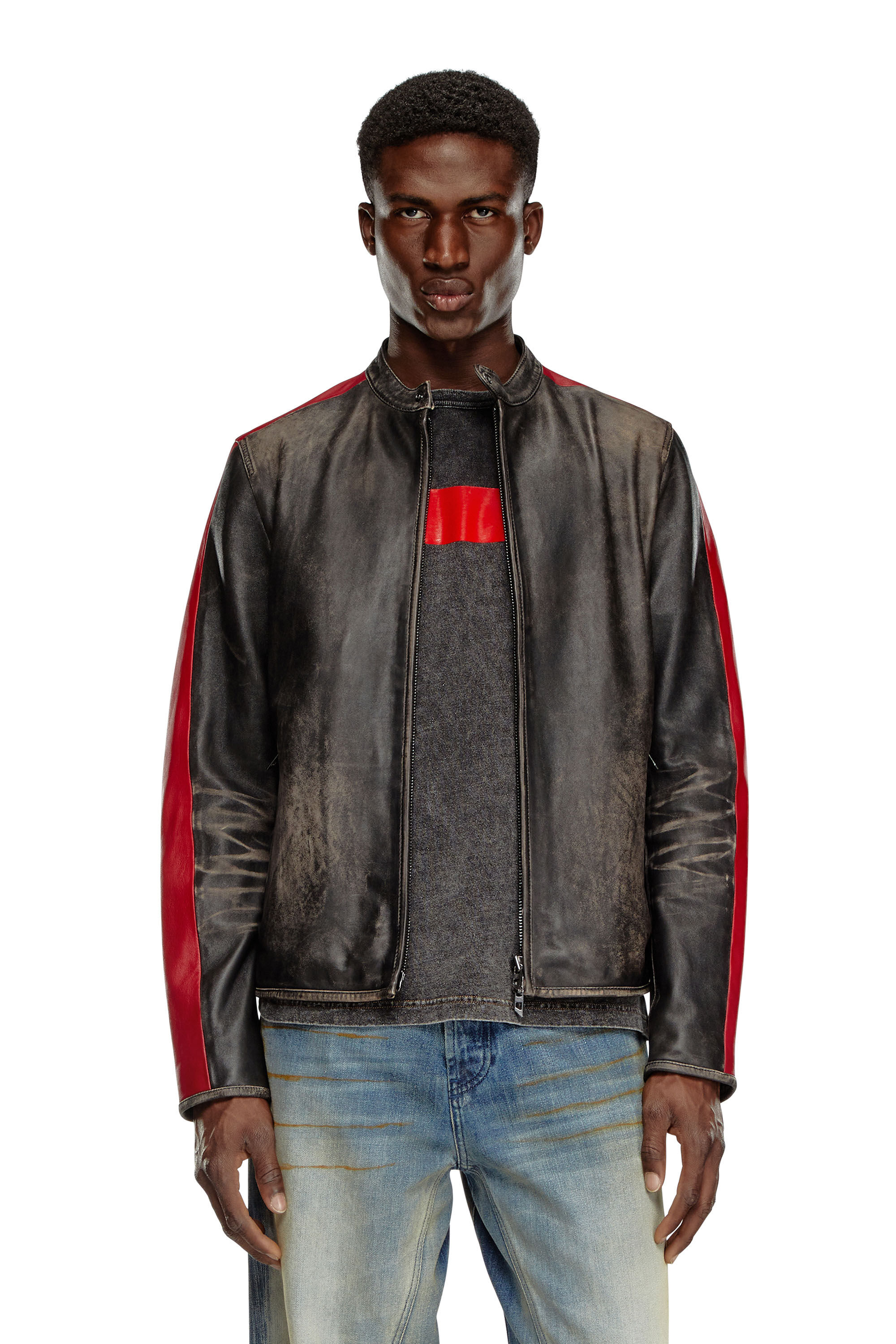 Men s Leather jacket with contrasting stripes Multicolor Diesel