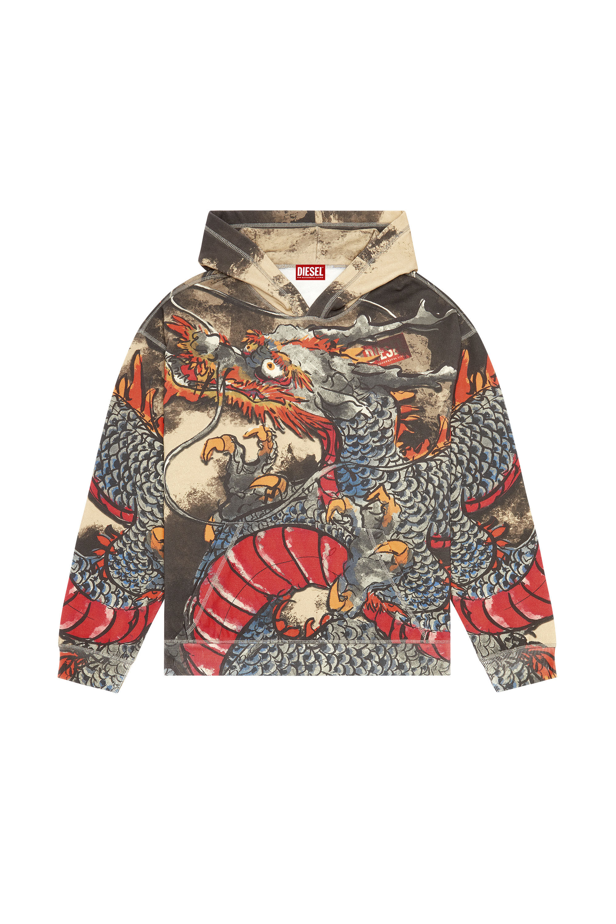 Diesel - CL-S-BOXT-HOOD-DRAGON, Unisex's Hoodie with Dragon print in Black/Grey - 2