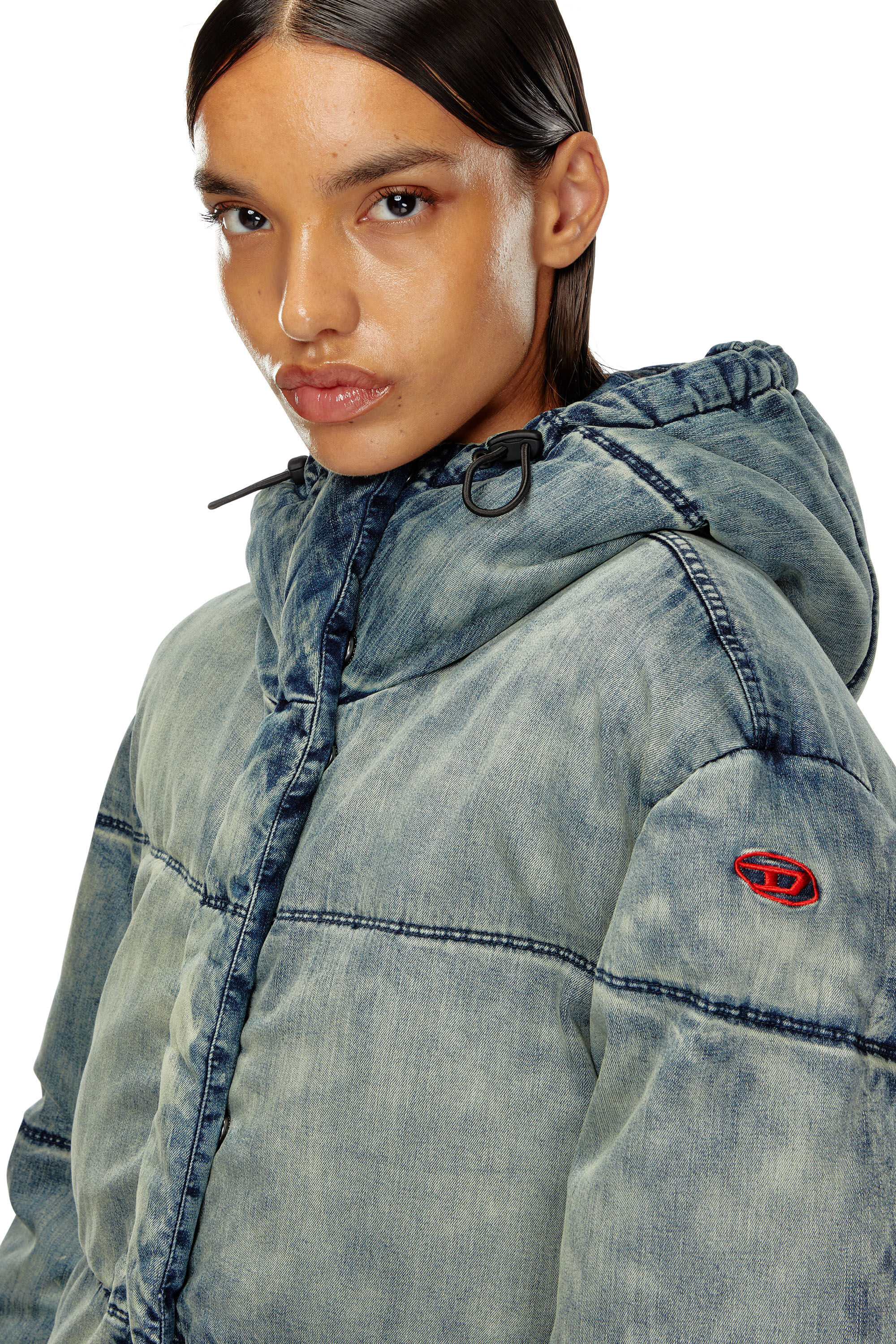 Women's Hooded puffer coat in stretch denim | Blue | Diesel Women's Hooded puffer coat in stretch denim | Blue | Diesel