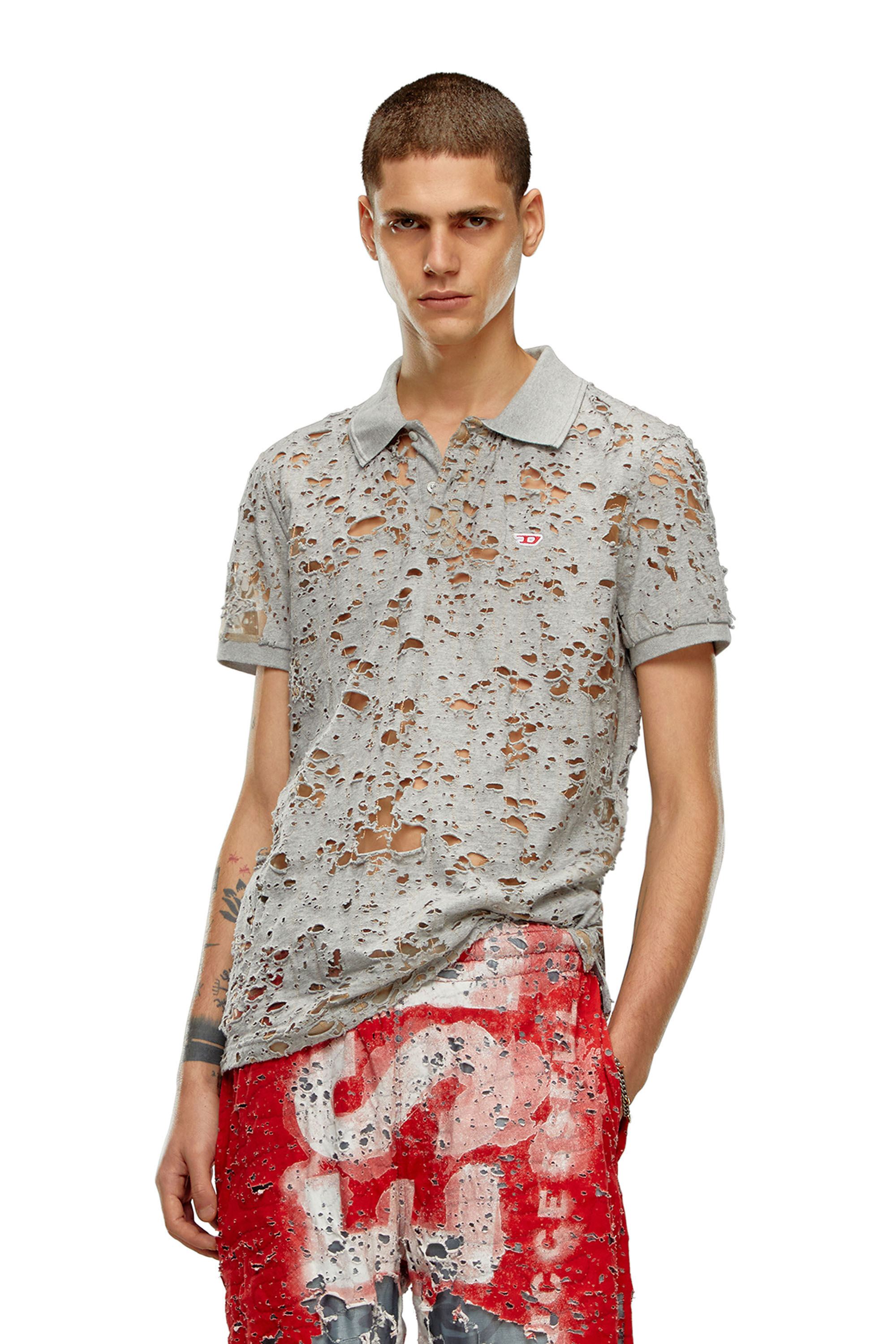 Men's Tulle polo shirt with destroyed jersey | Grey | Diesel