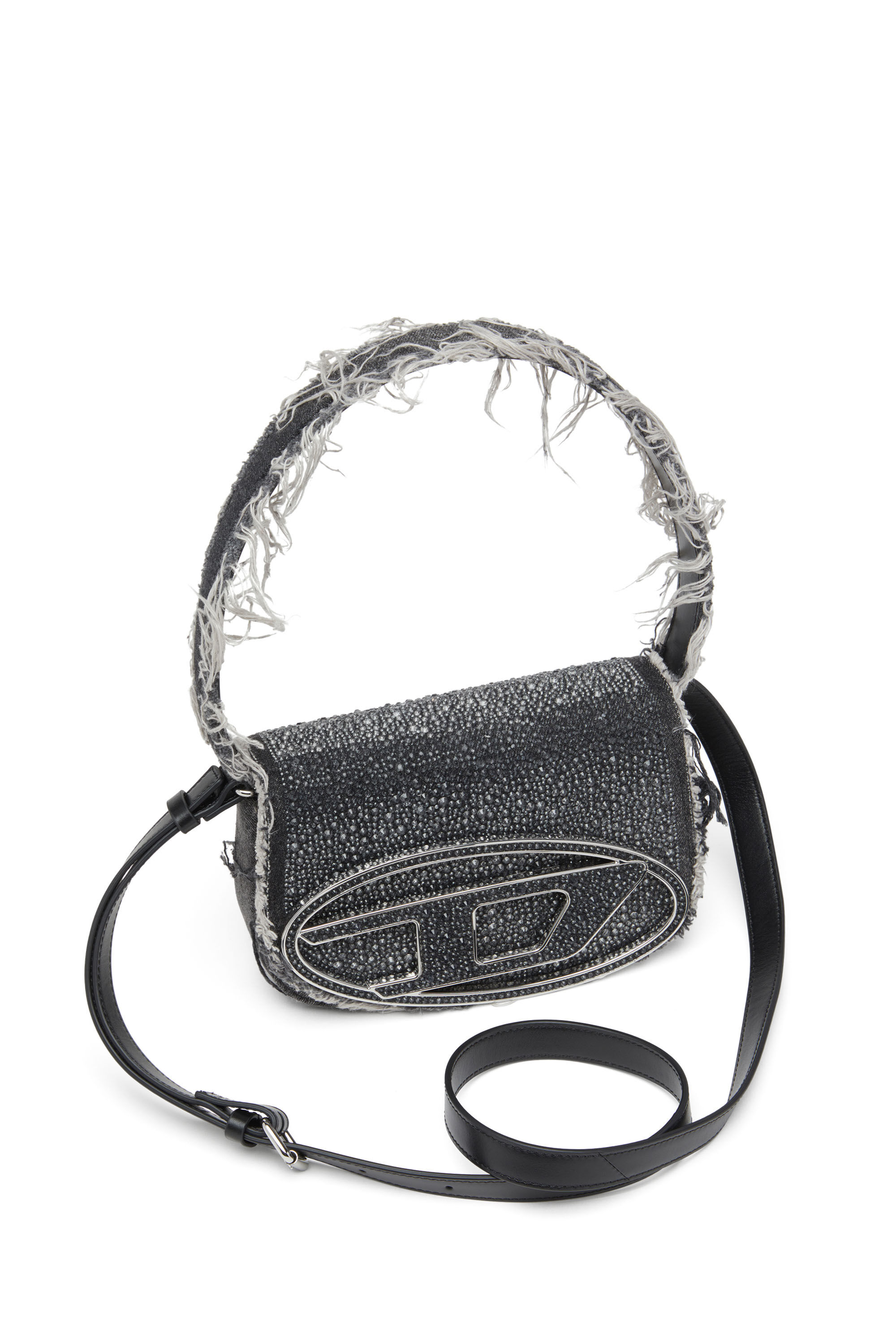 Women's 1DR-Iconic shoulder bag in denim and crystals