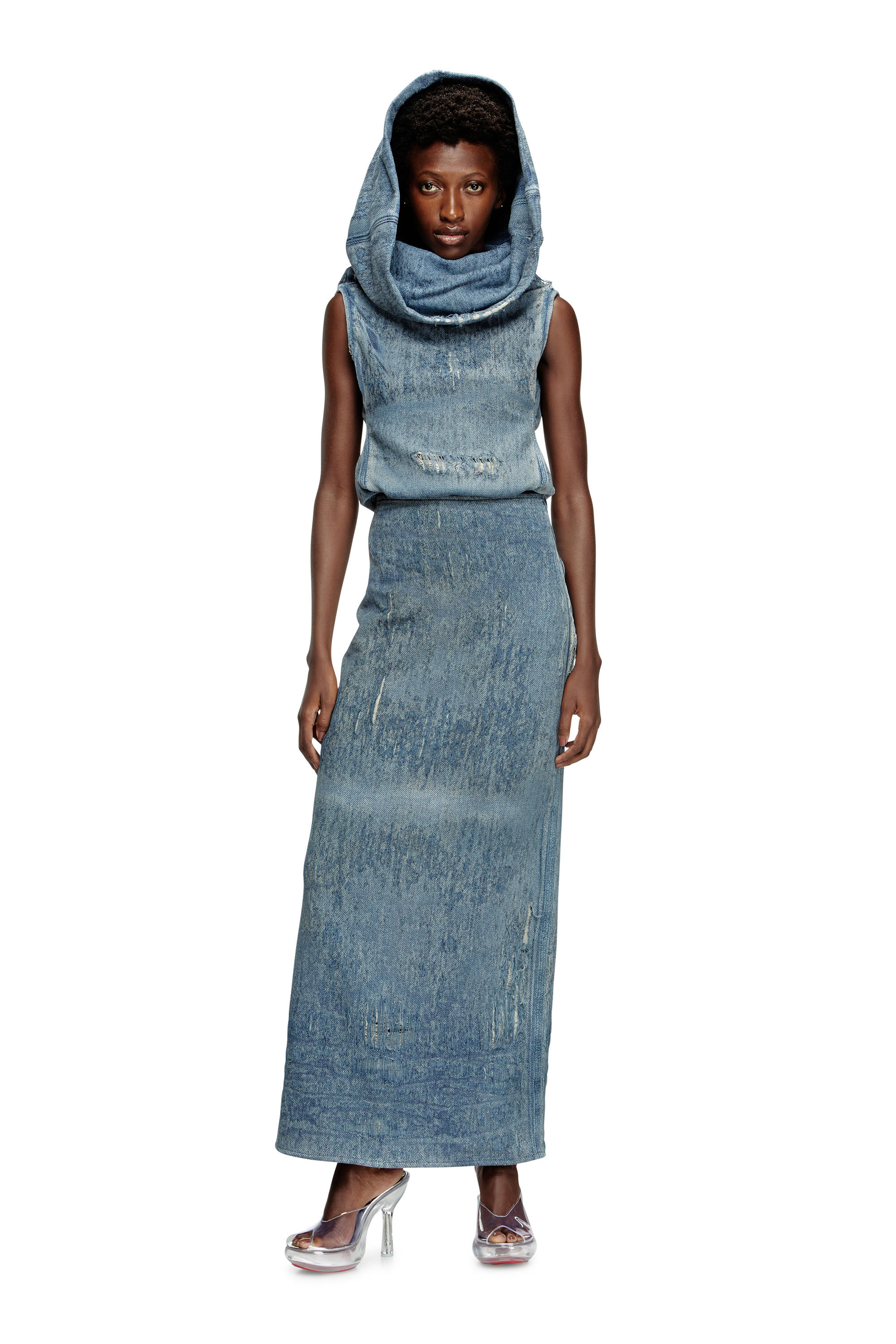 Women's Skirt in ultra-destroyed jacquard denim | Blue | Diesel Women's Skirt in ultra-destroyed jacquard denim | Blue | Diesel