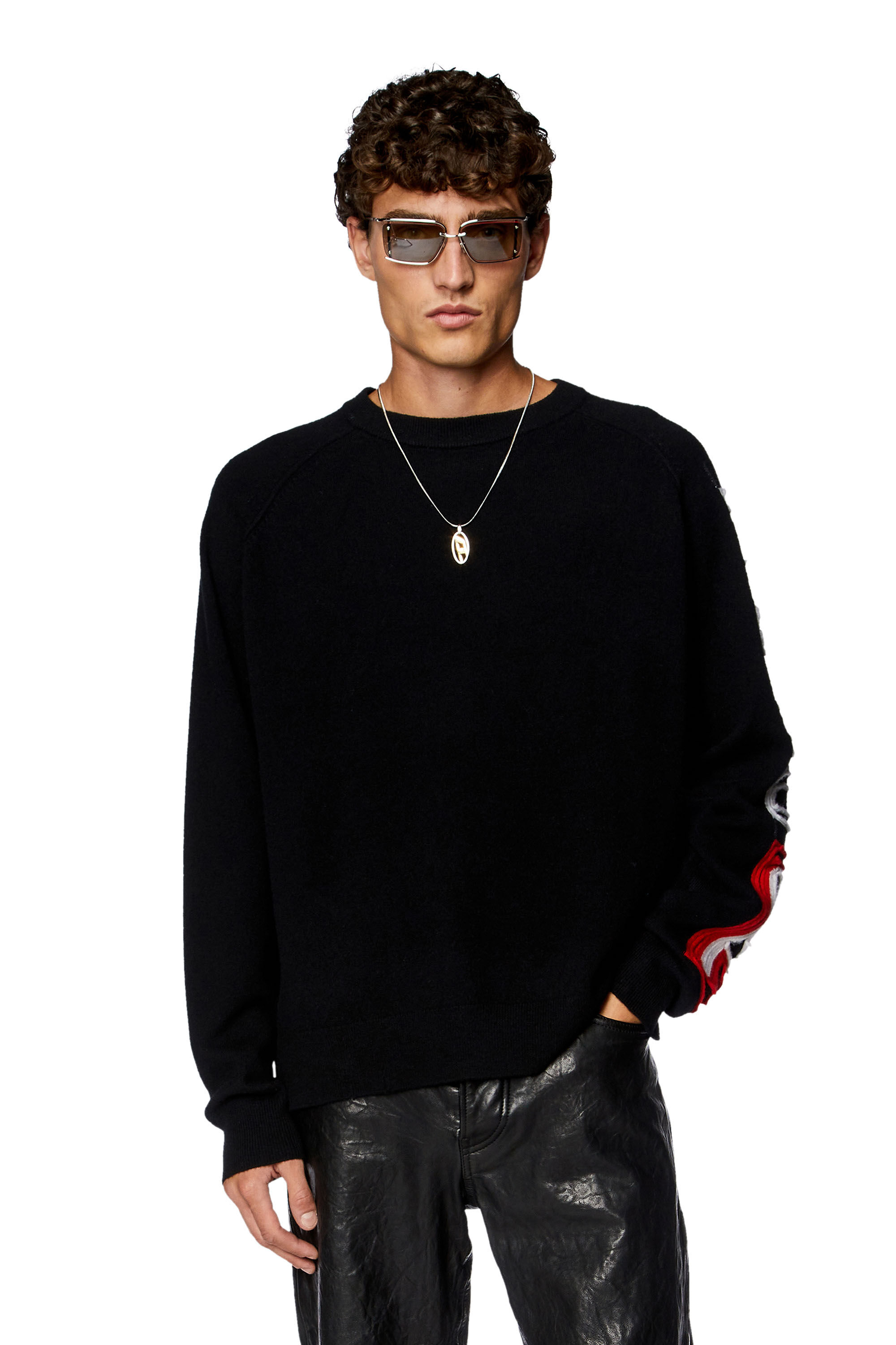 Men s Jumper with peel off intarsia logo Black Diesel