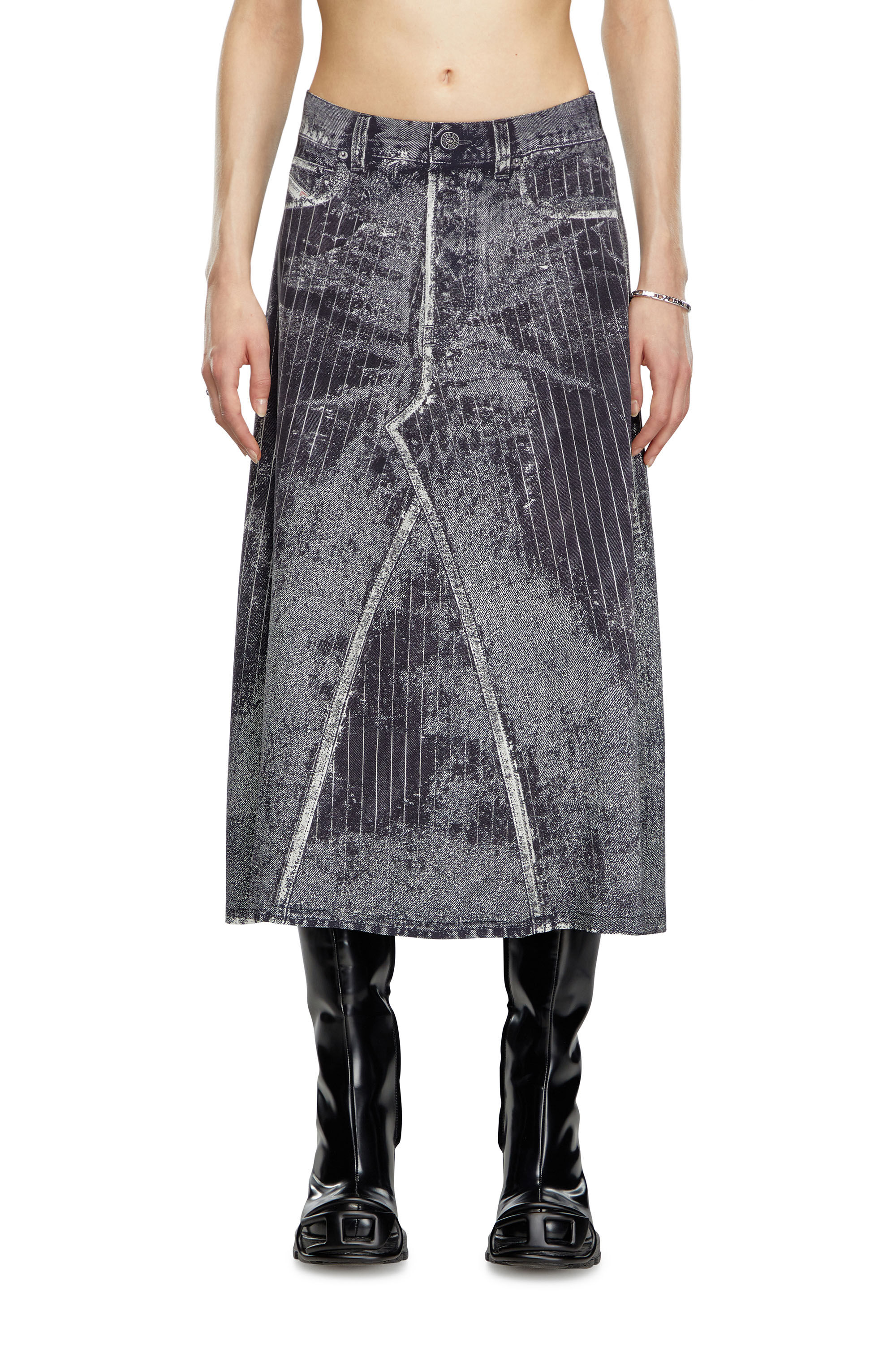 Diesel - O-HANNA, Woman's Satin skirt with print of pinstripe denim in Black - 3