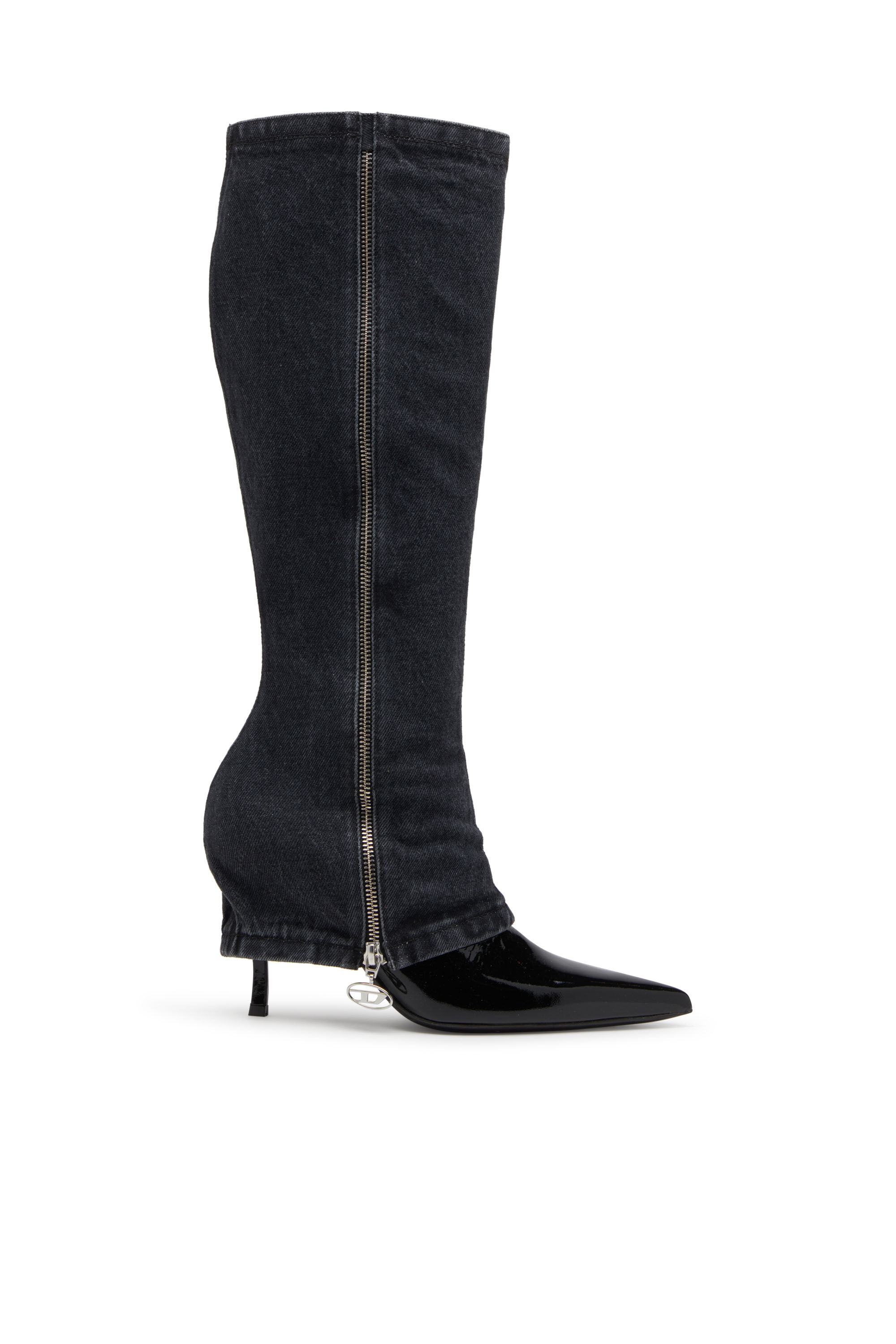 Diesel - D-VENUS TWISTED BOOT, D-Venus-Botas con tacones de aguja hasta la rodilla y efecto trampantojo de tejido vaquero Mujer in Negro - 1