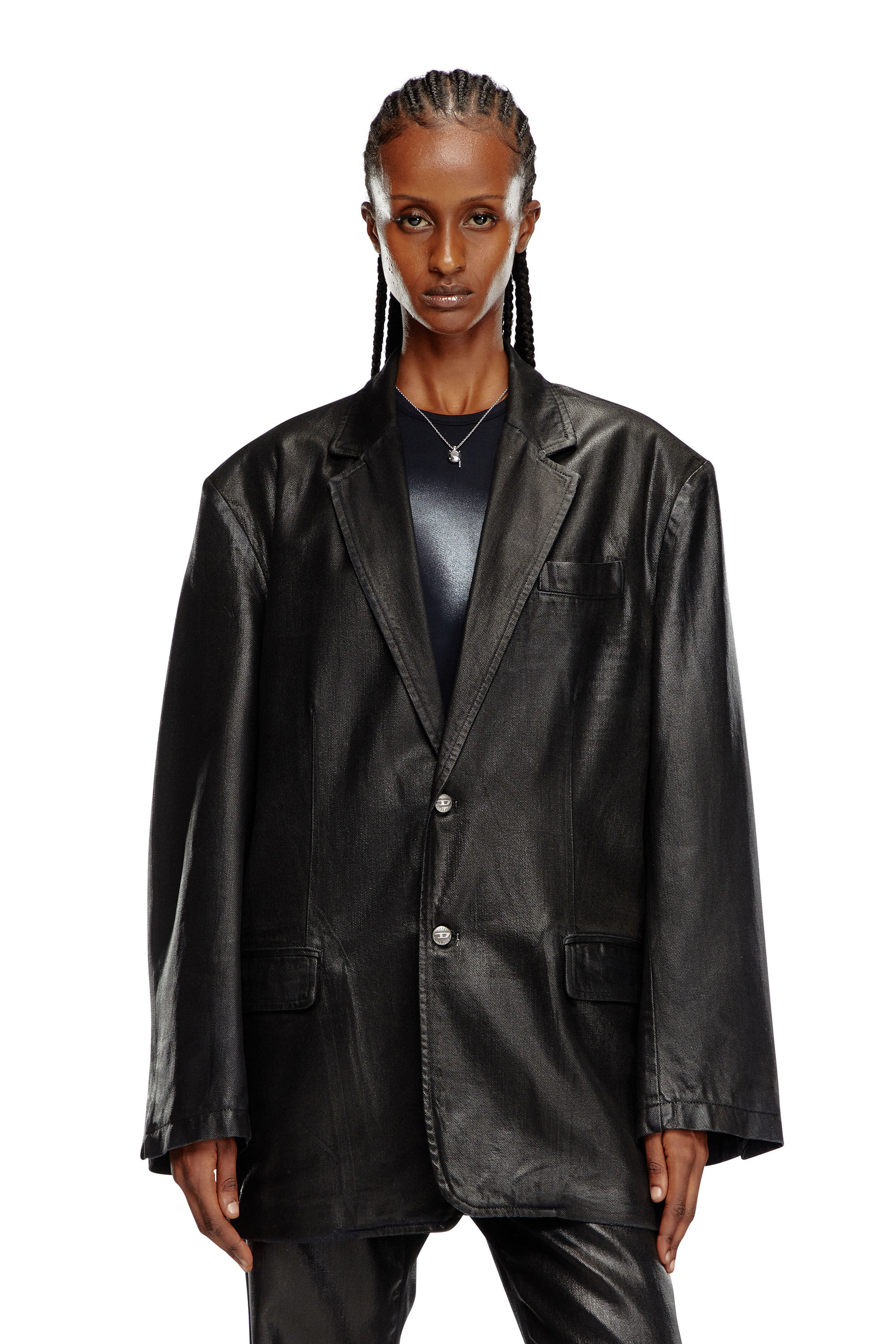 Women s Blazer in coated tailoring denim Black Diesel