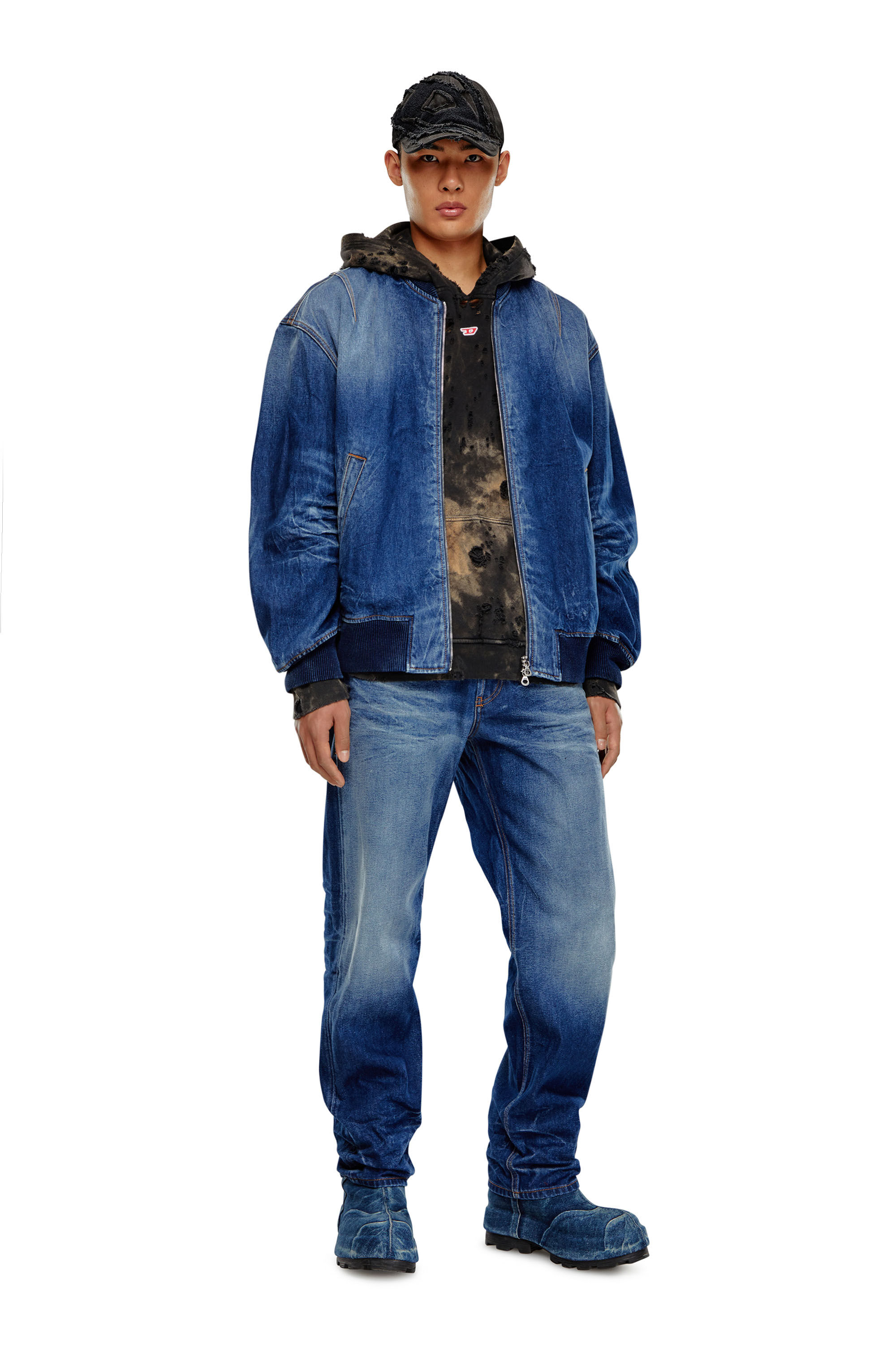 Men s Bomber jacket in dented denim Blue Diesel
