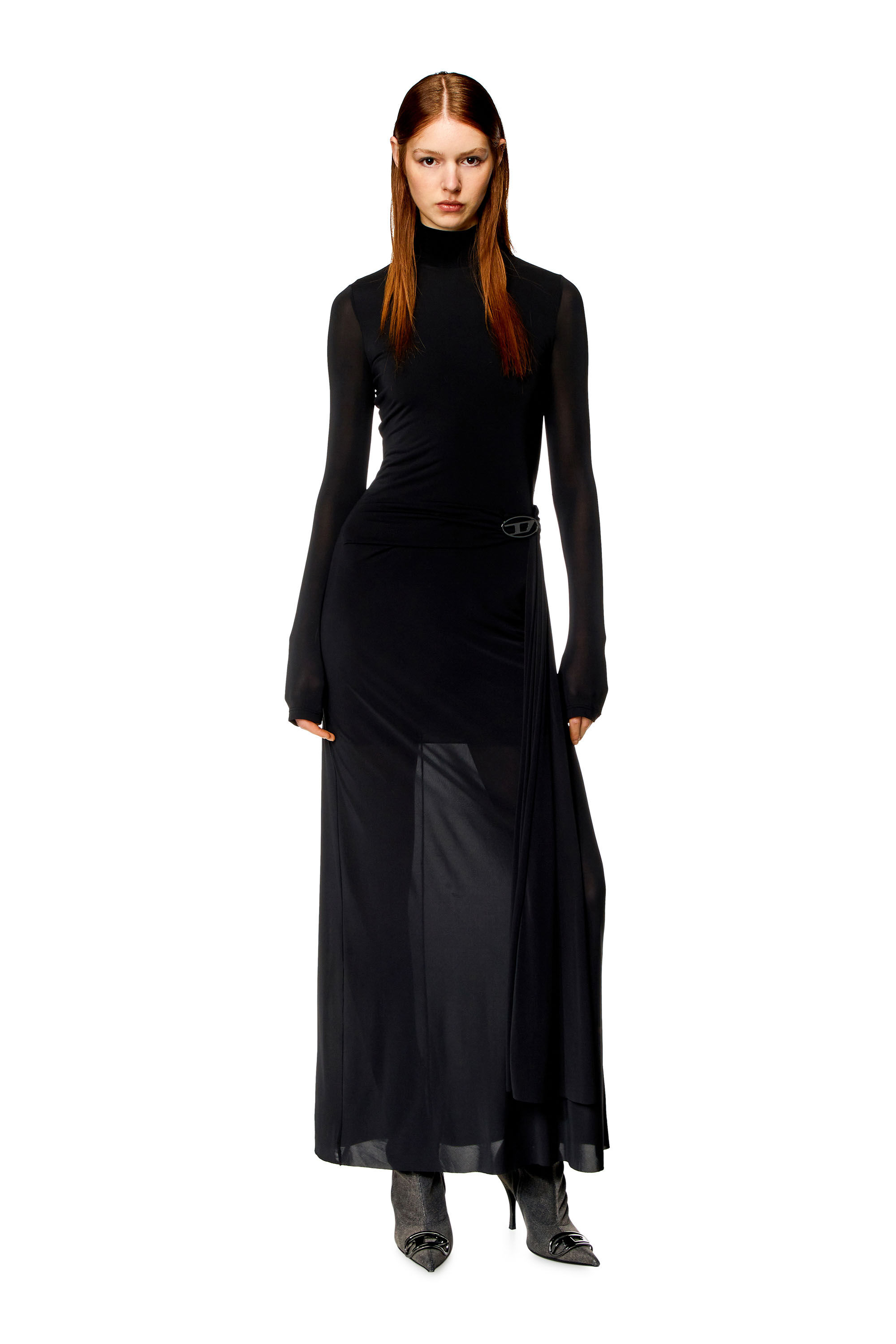 【DIESEL】D Rollas Dress - Dark Gray Women's Long turtleneck dress with draped panel | Black | Diesel