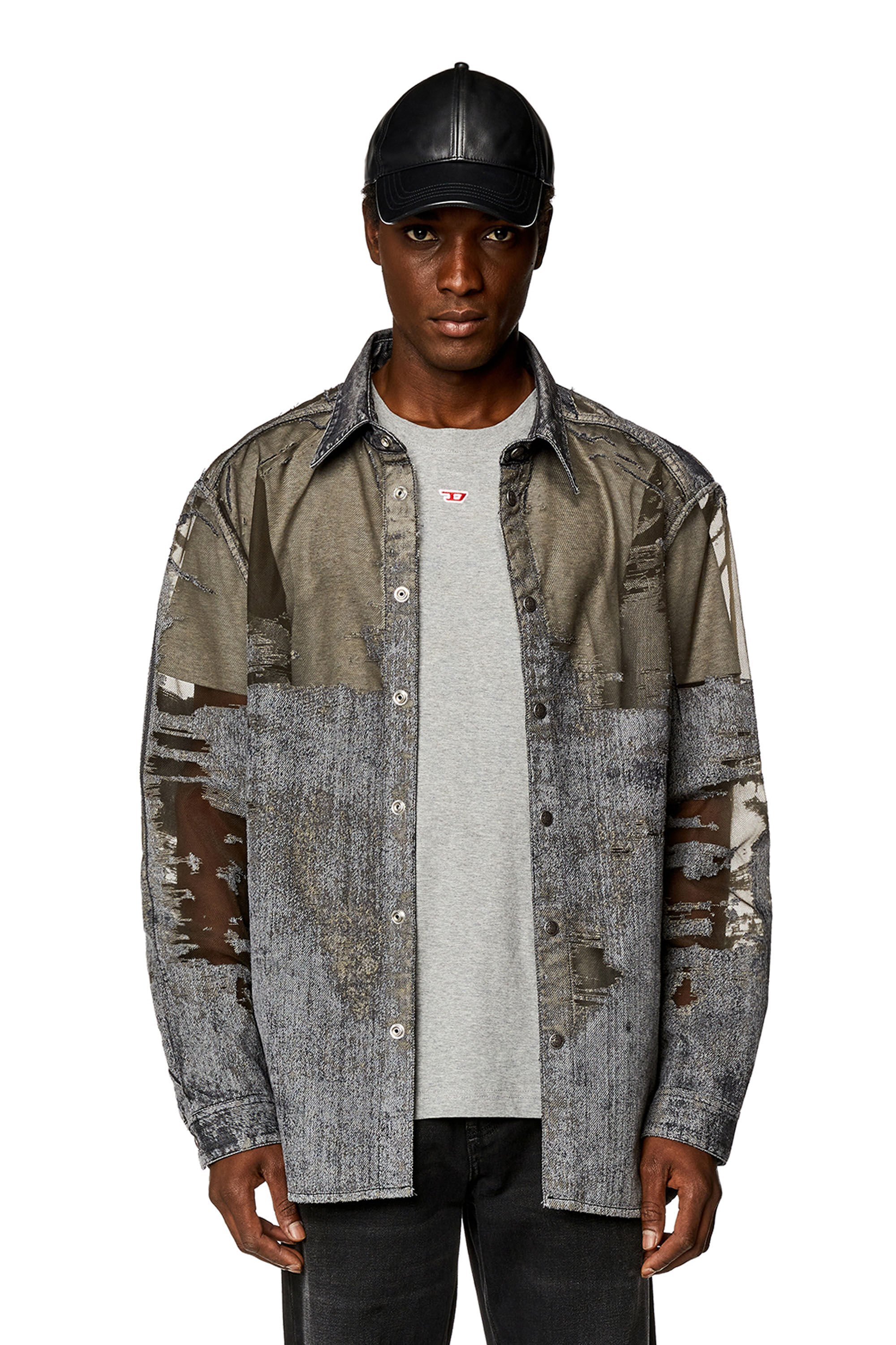 Diesel - D-SIMPLY-OVER-FSD, Man's Denim shirt with devoré in Dark grey - 3