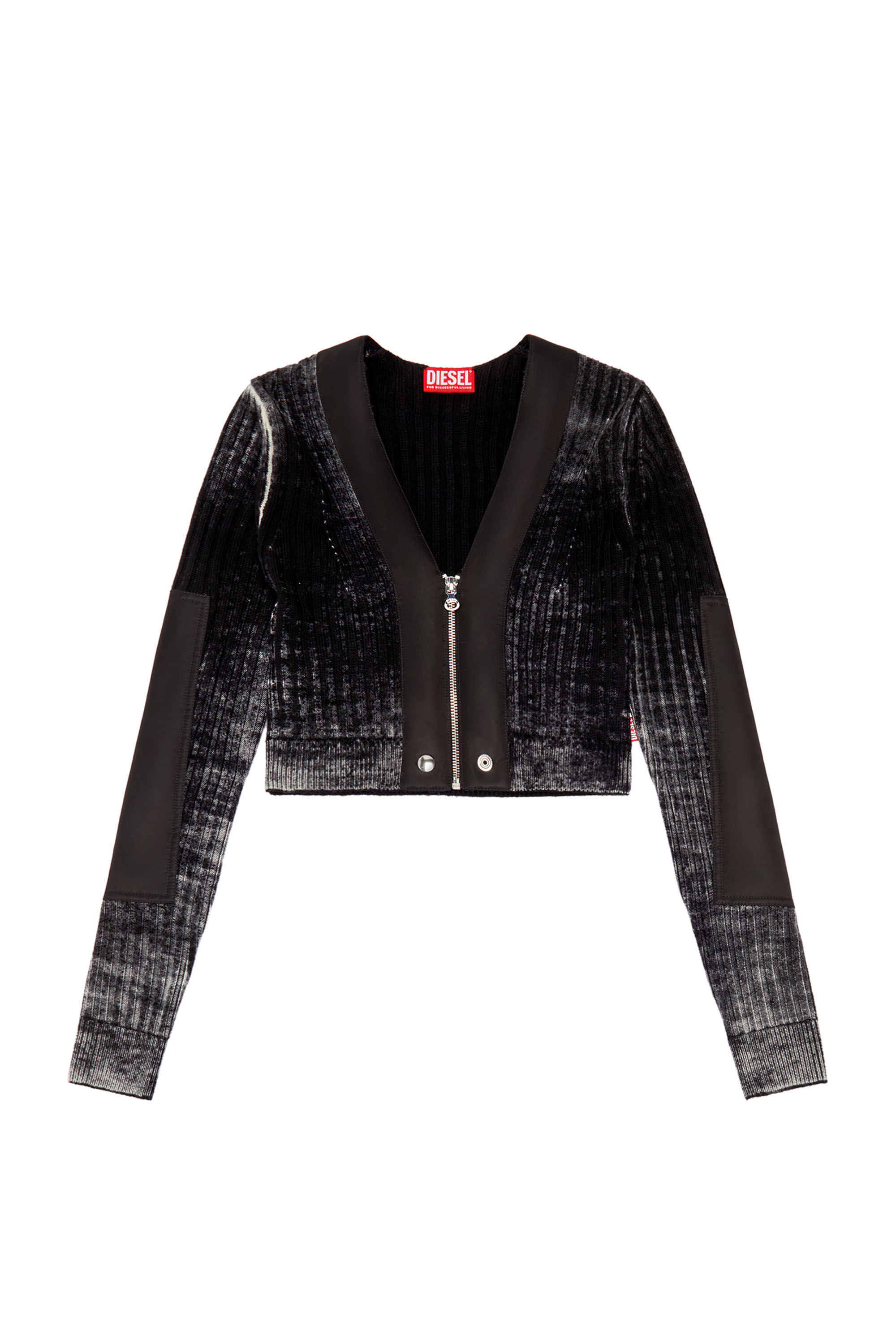 Women's Cropped wool cardigan with nylon trims | Black | Diesel