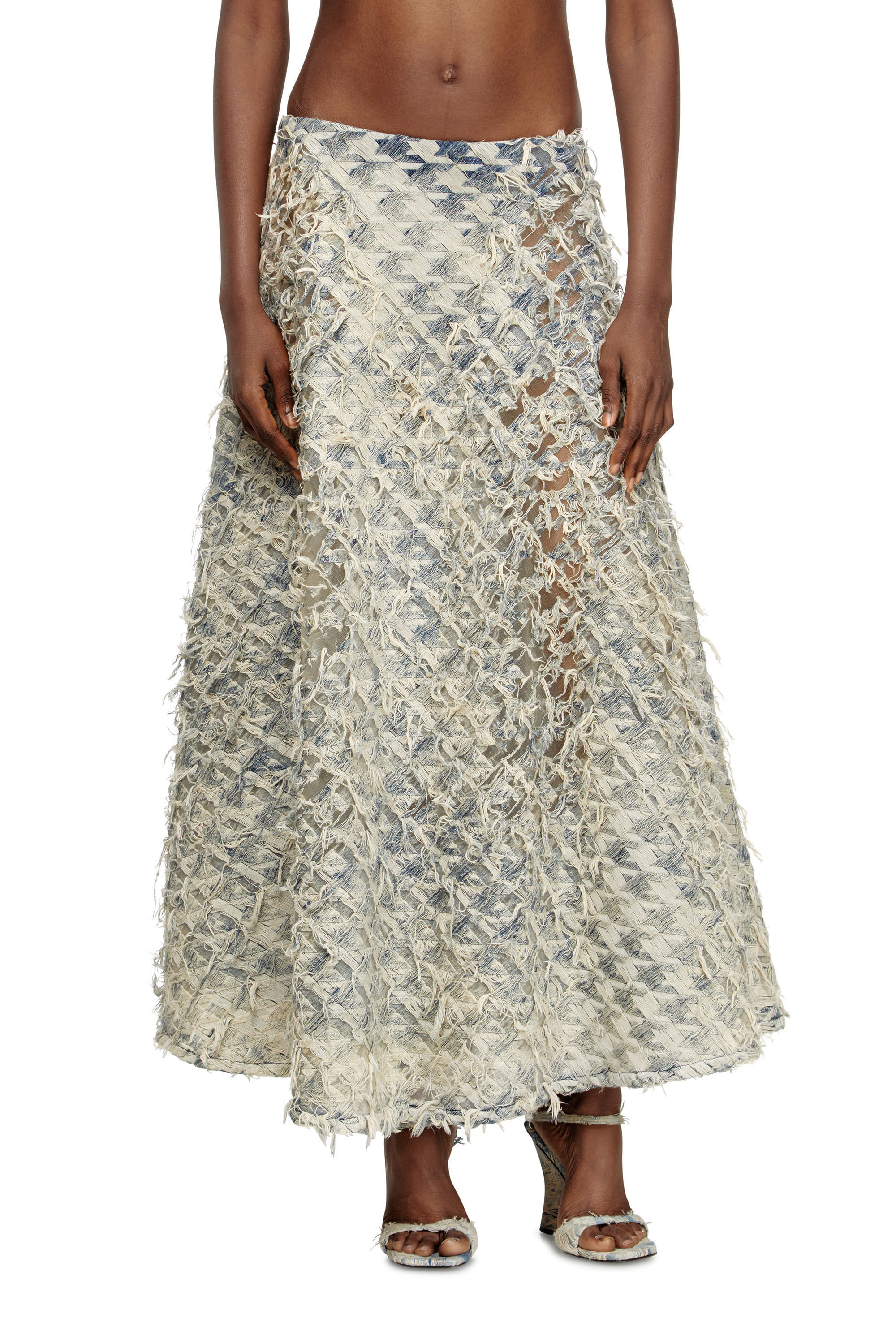 Diesel - DE-ANNINA-FSH, Woman's Long skirt in dévoré houndstooth denim in Light Blue - 3