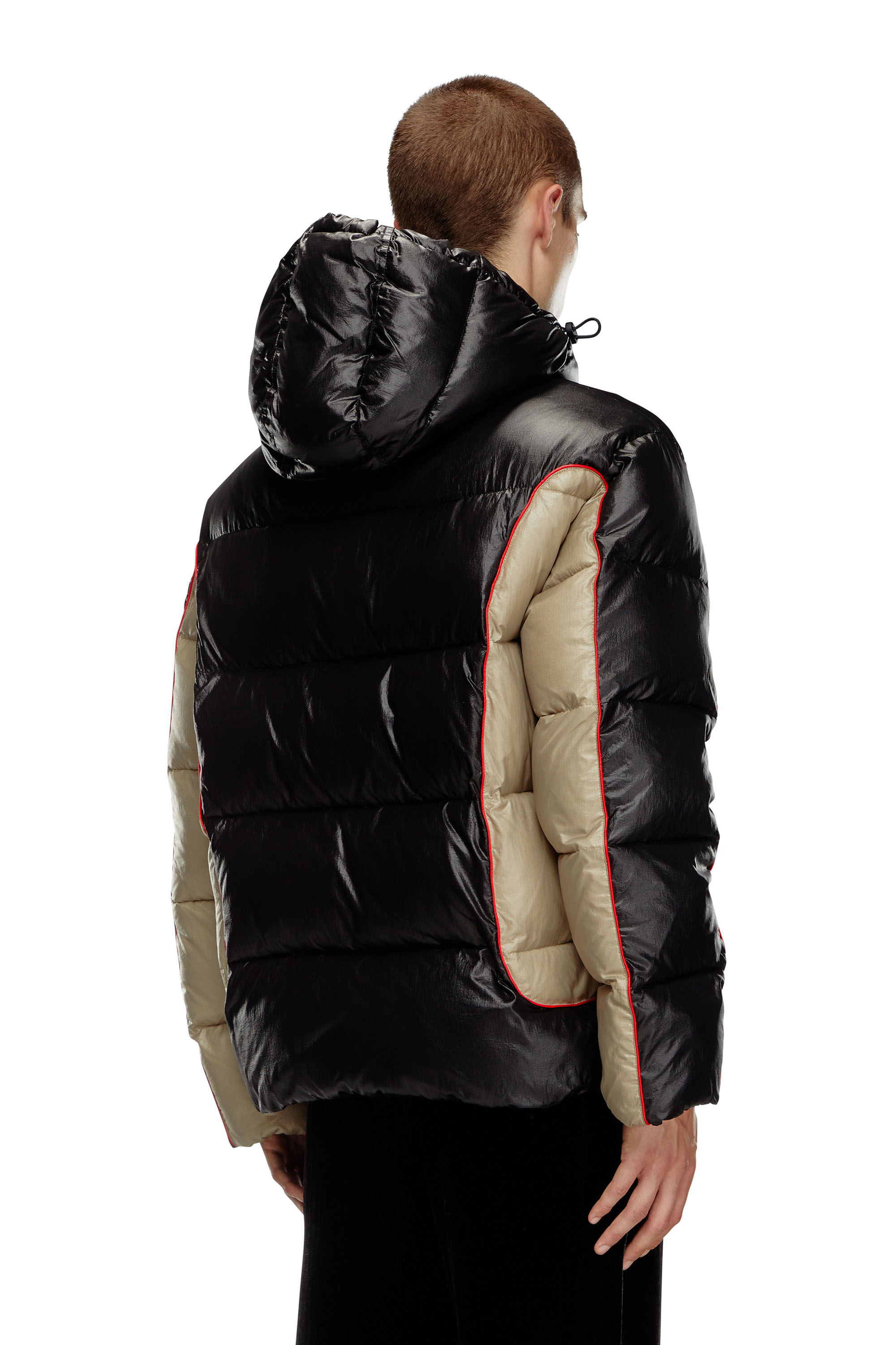 Diesel - W-OSTEND, Man's Hooded puffer jacket in shiny ripstop in Black/Beige - 5