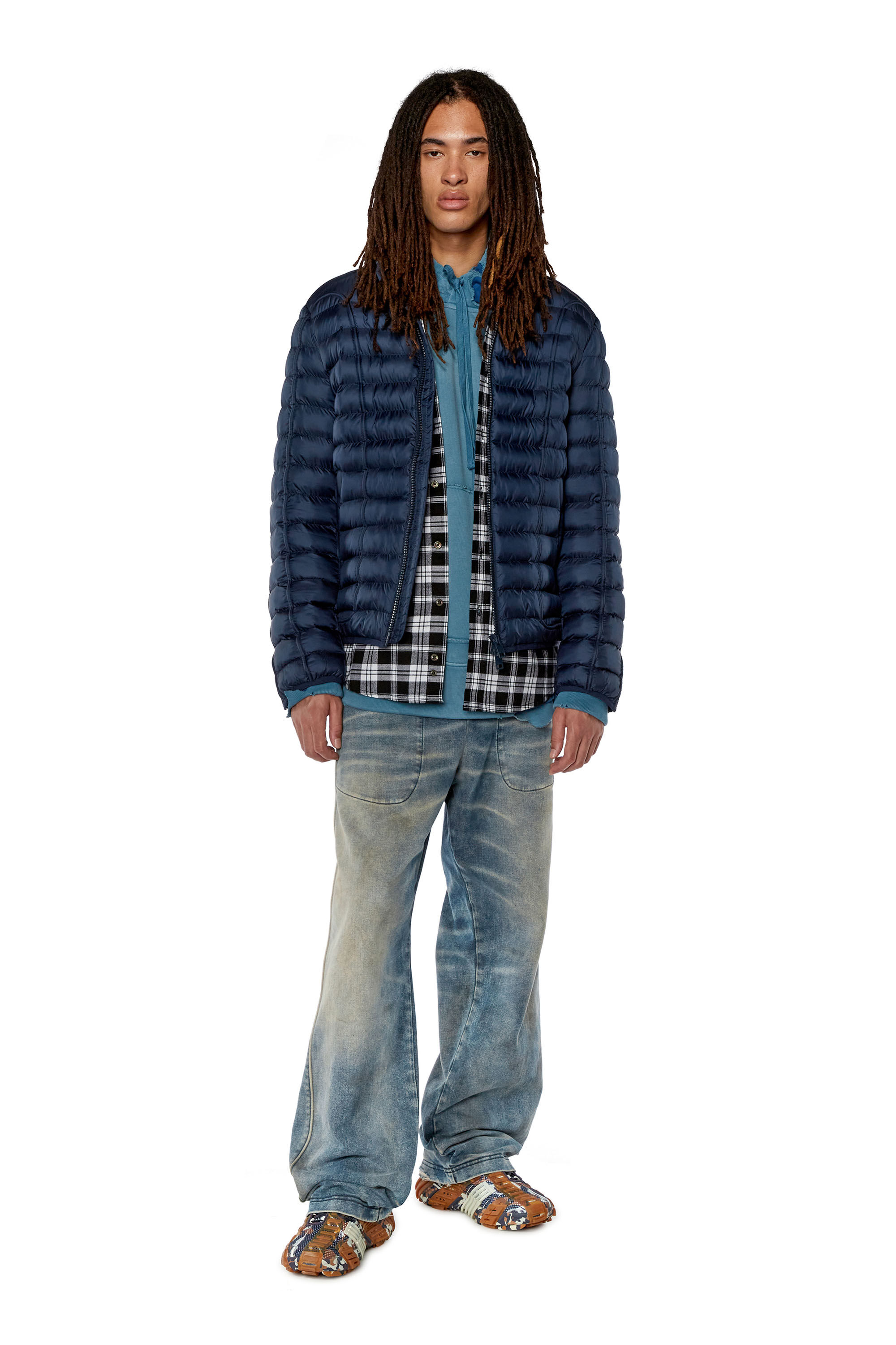 Diesel - W-HAWKYL, Man's Nylon puffer jacket with piping in Blue - 1