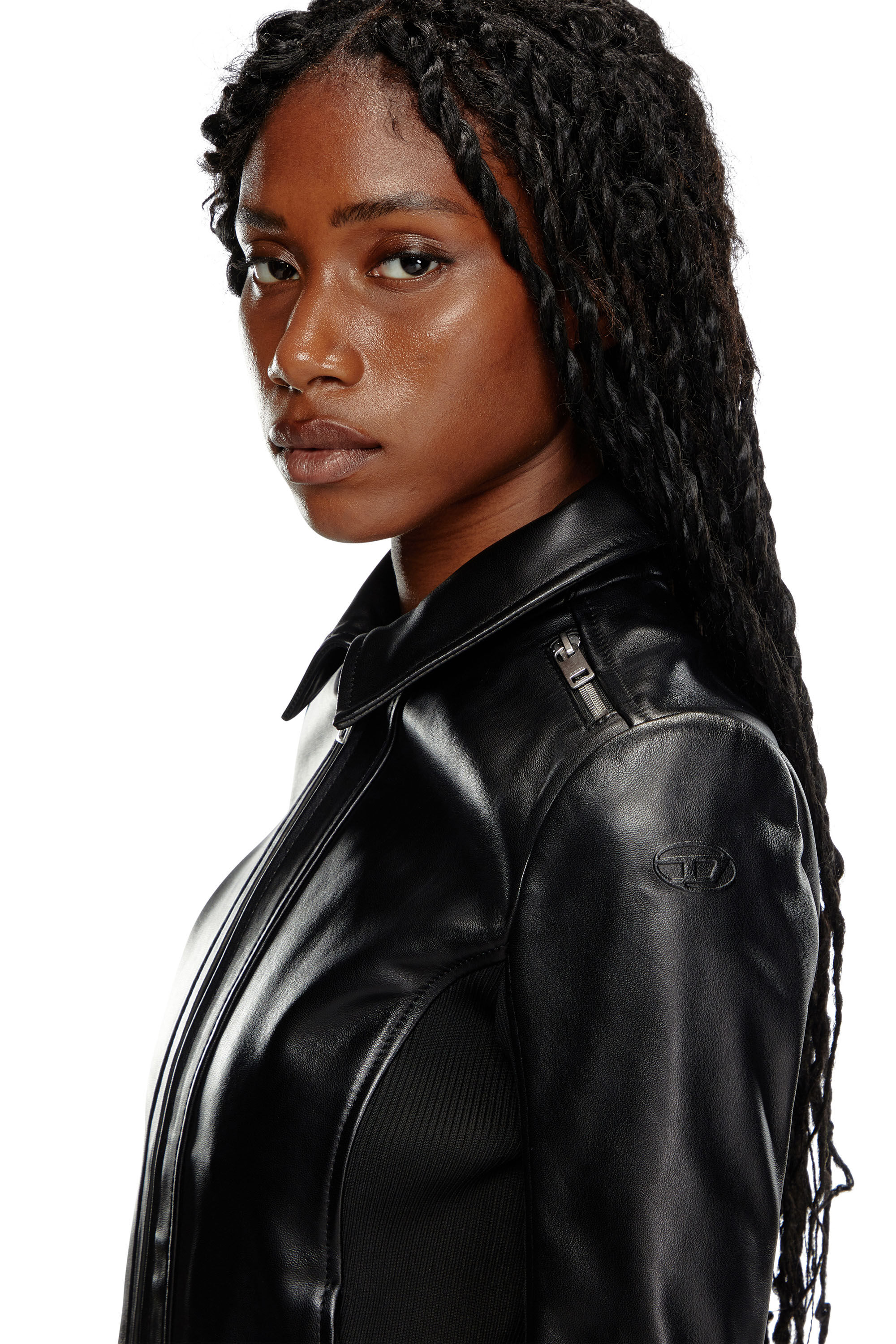 Women's Leather biker jacket with rib panels | Black | Diesel