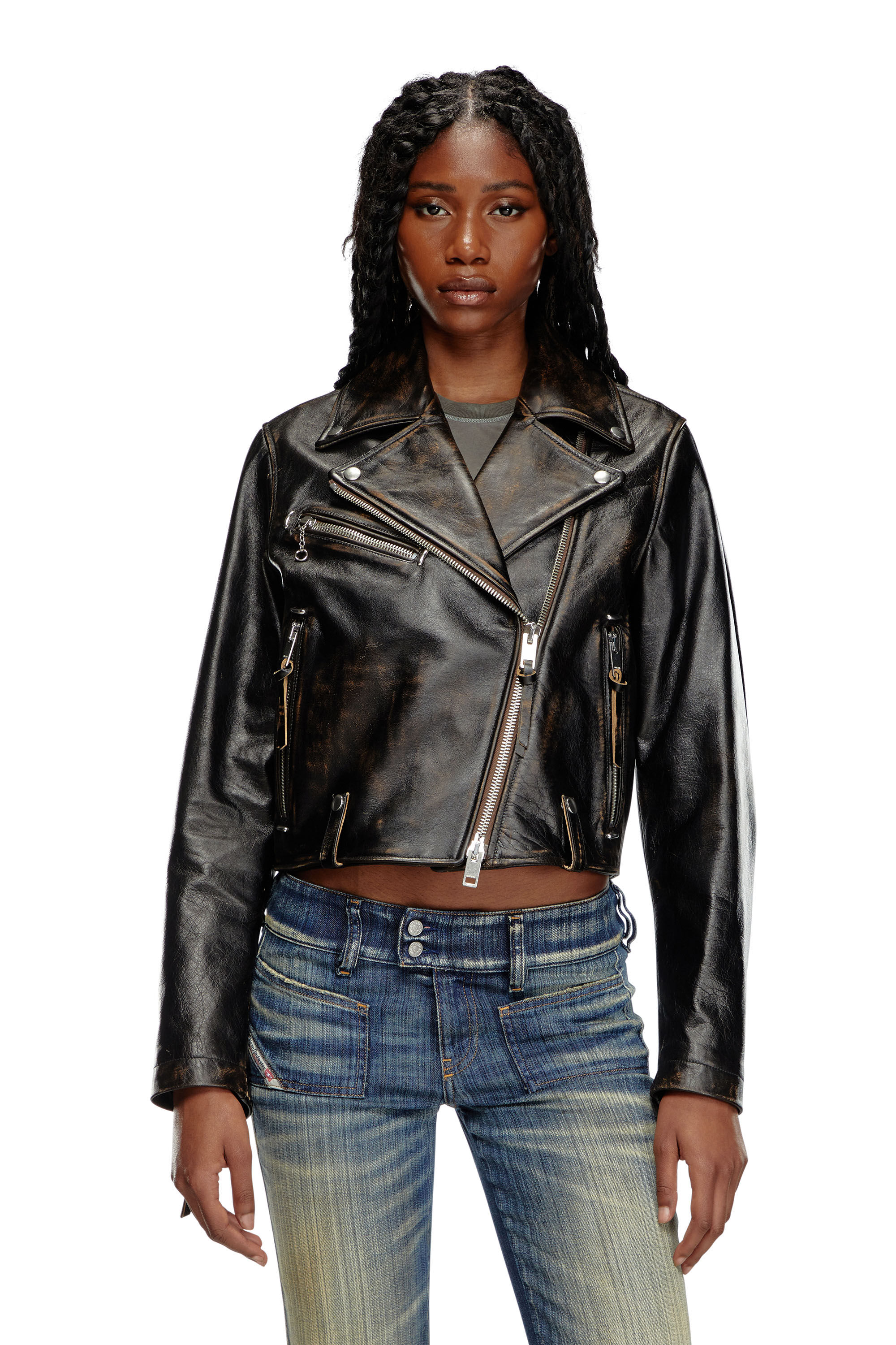 Diesel - L-EDMEA-CL, Chaqueta biker de cuero tratado Mujer in Negro - 3