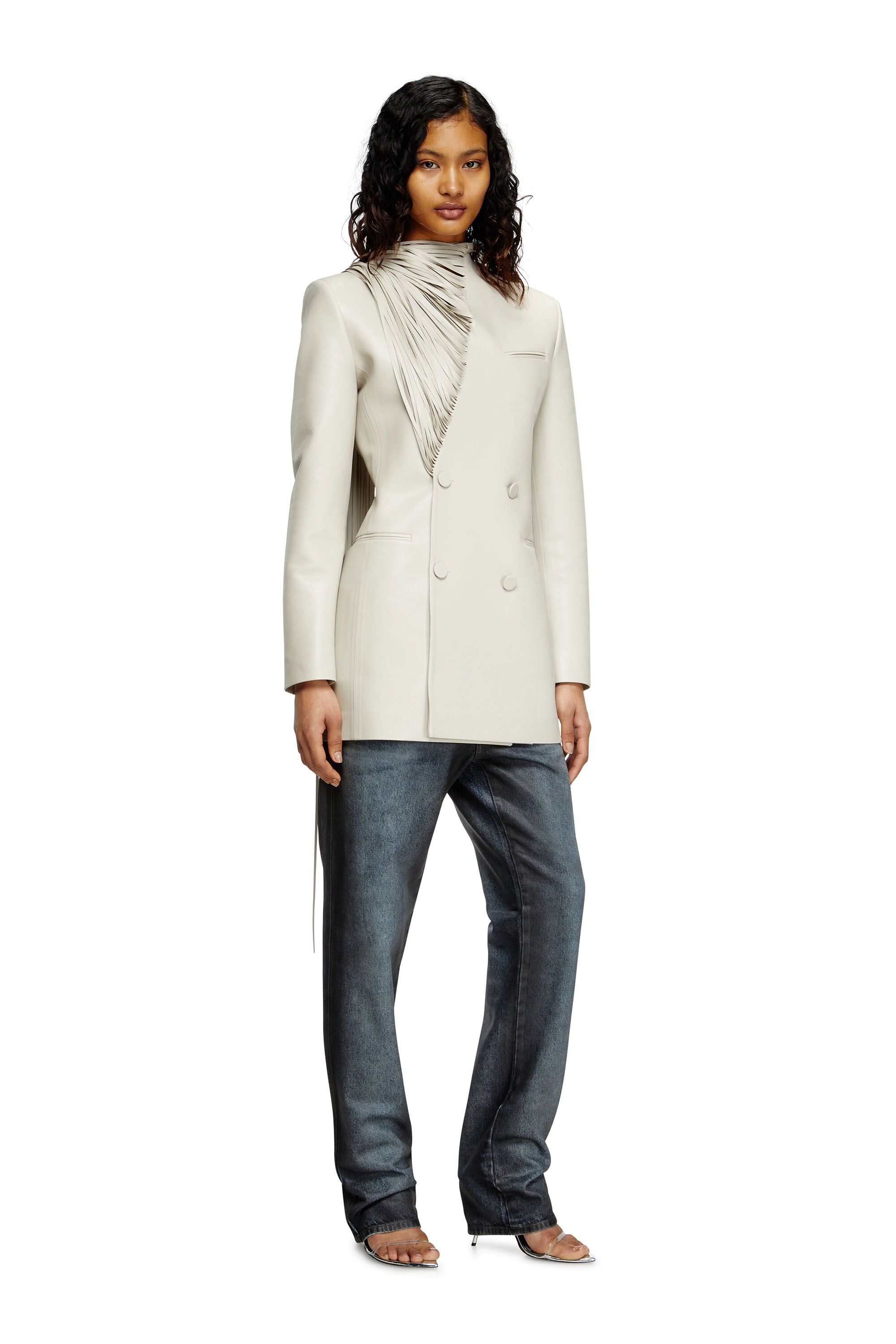 Diesel - G-SHANK, Abrigo corto con flecos de bufanda deshilachados Mujer in Gris - 3