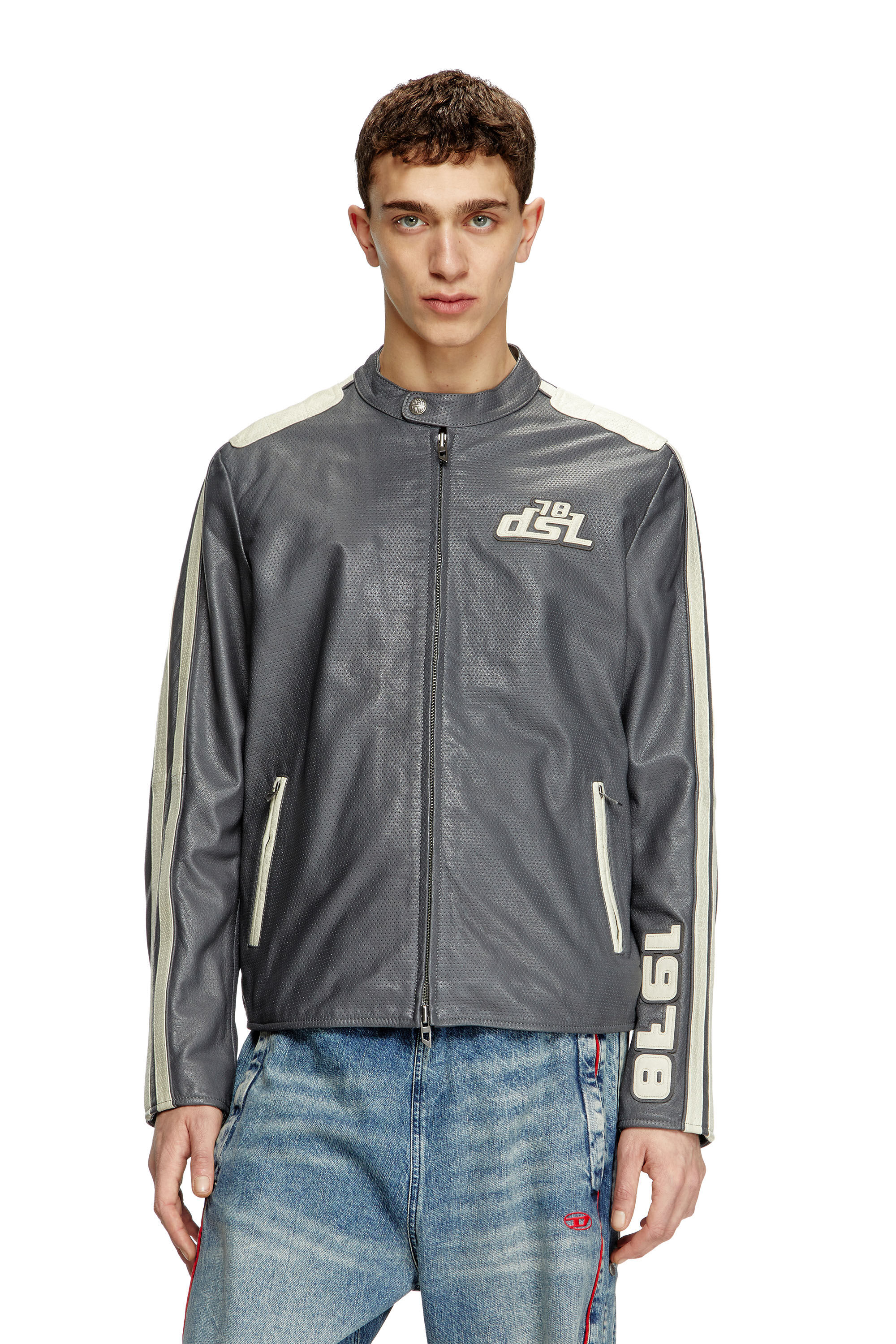 Diesel - L-POP, Chaqueta de motorista de cuero perforado Unisex in Gris - 3