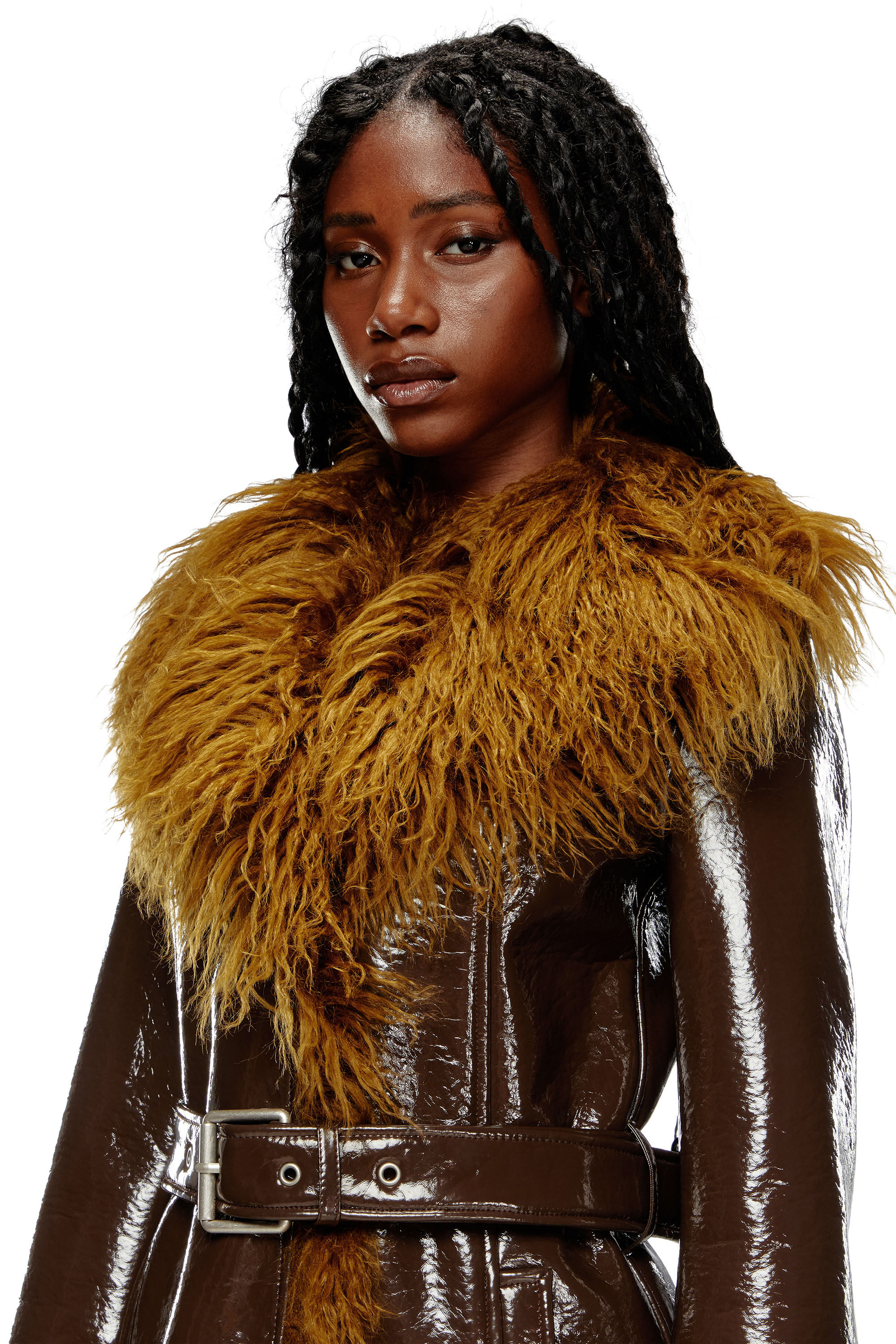 Women's Coated trench coat with shaggy trims | Brown | Diesel Women's Coated trench coat with shaggy trims | Brown | Diesel