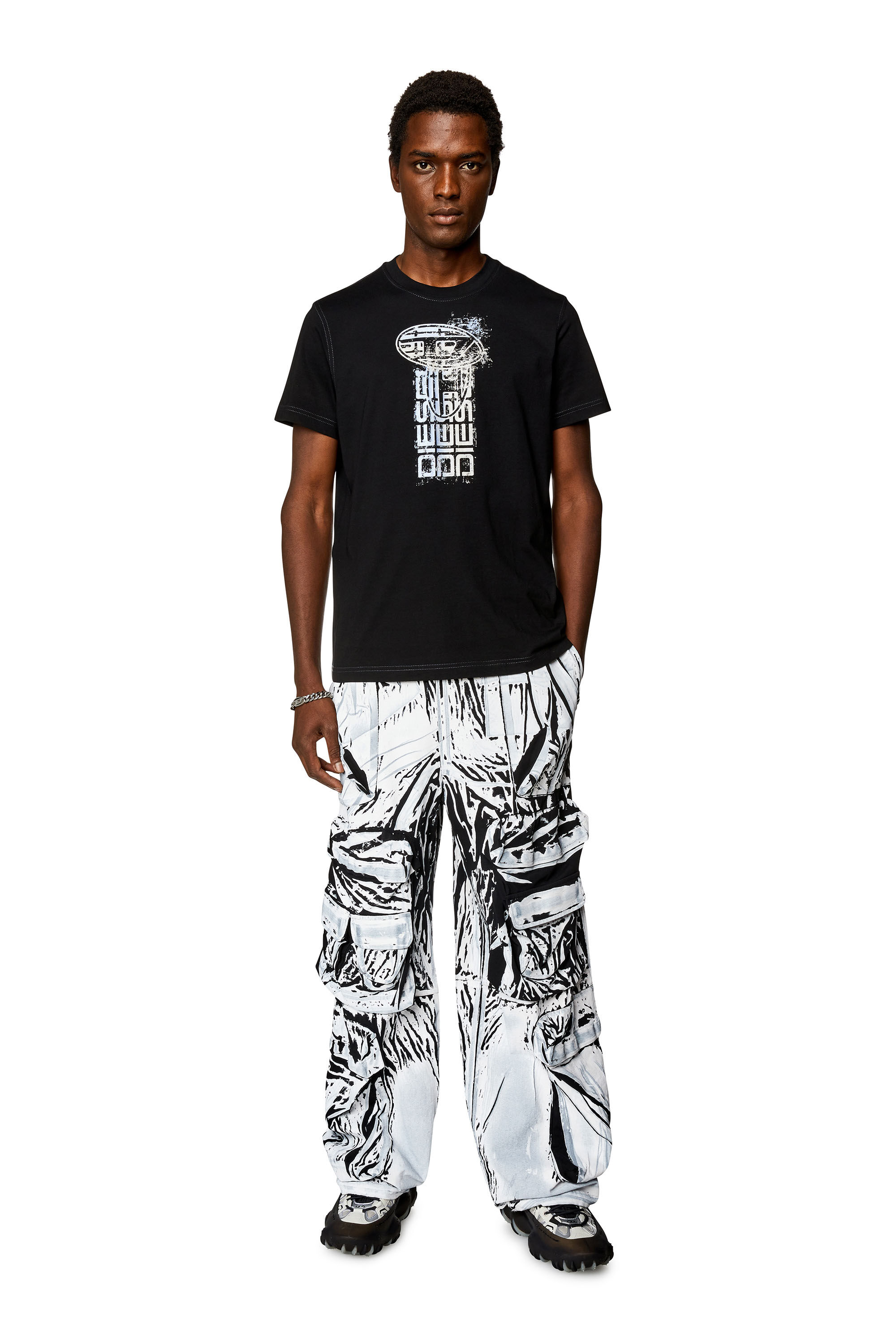 Men's graphic T-shirt with metallic logos | Black | Diesel