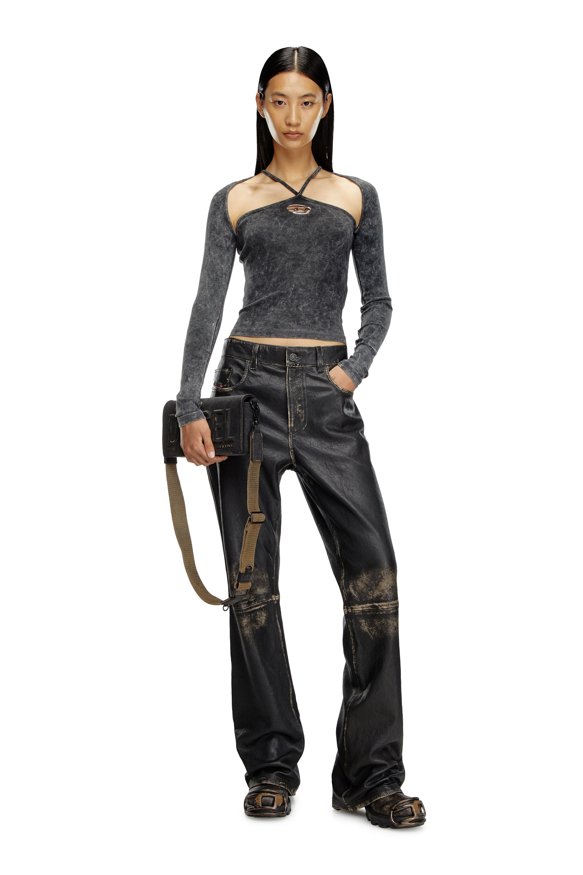 Women's Ribbed long-sleeve top with cross-over straps