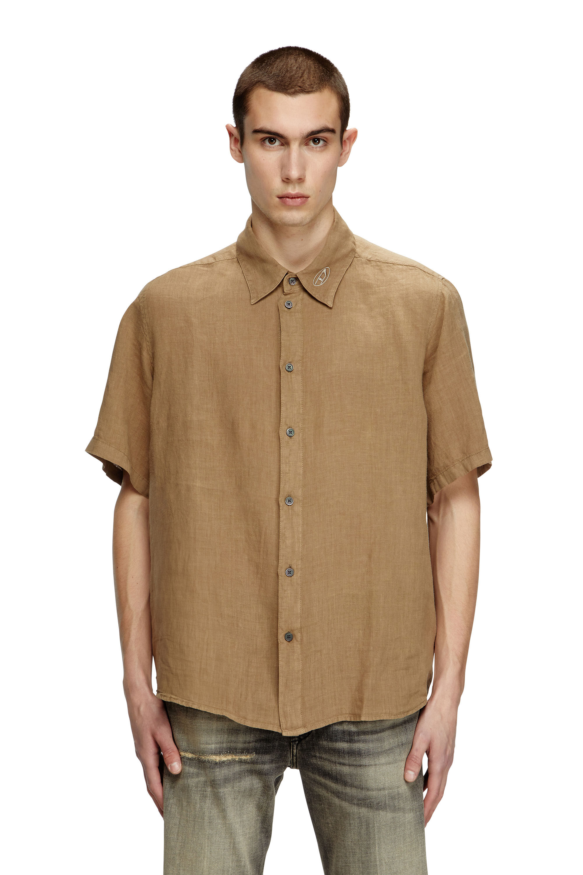 Diesel - S-UCCLE-A, Camisa de lino de manga corta con cuello con logotipo Hombre in Marrón - 3