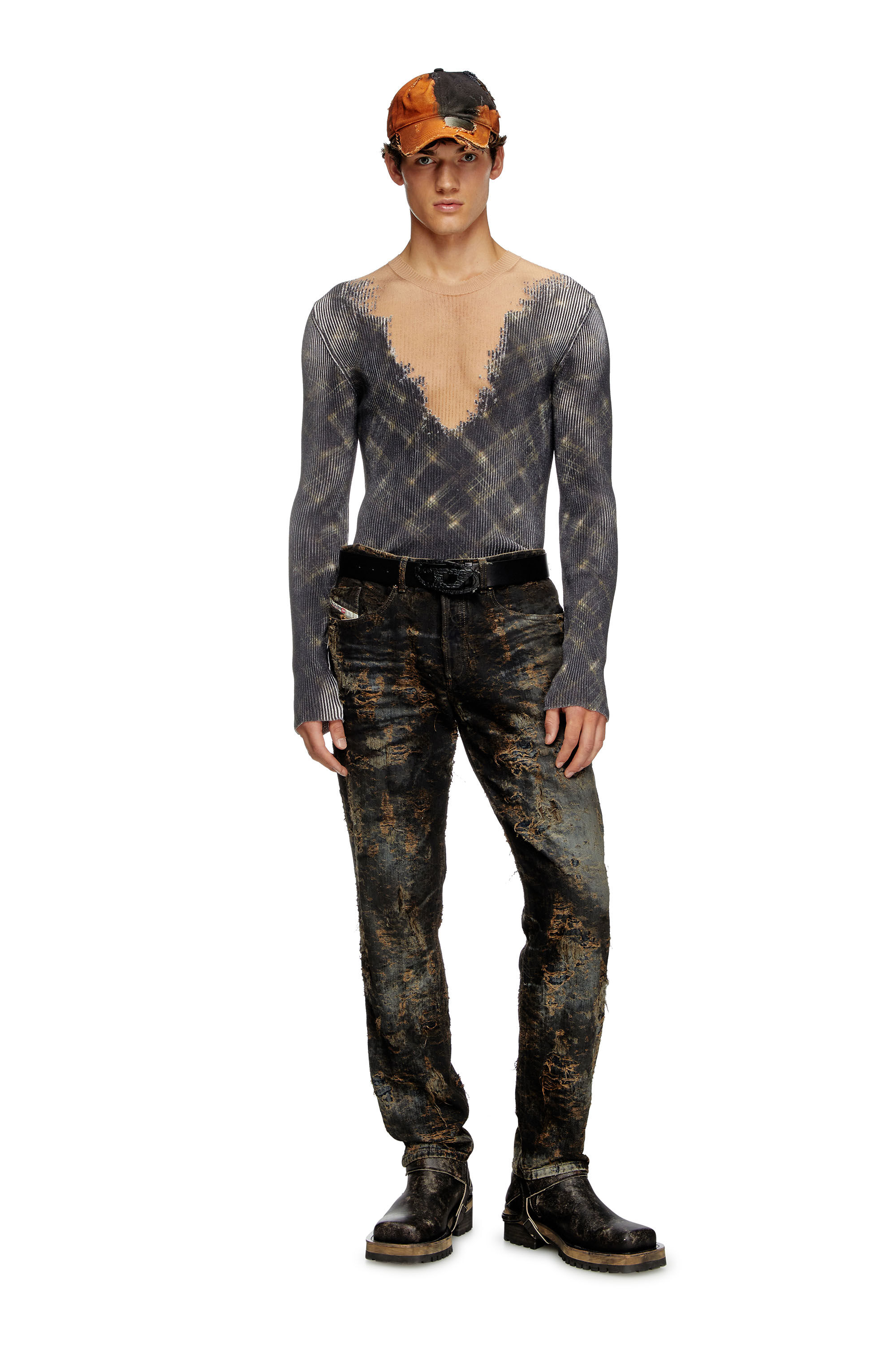 Diesel - K-FEDRO, Jersey a cuadros con manchas de sudor en devoré Hombre in Gris - 1