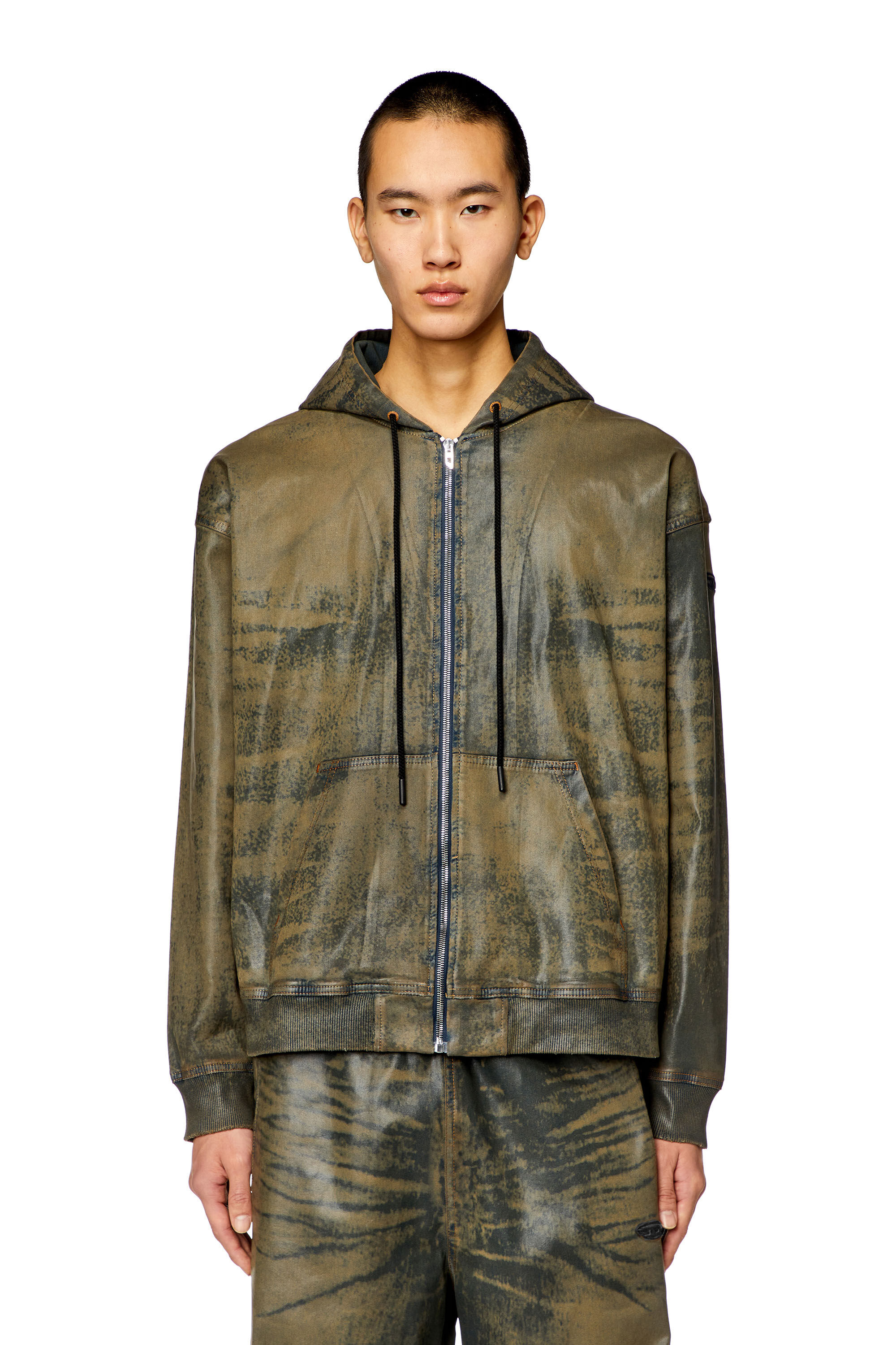 Women's Zip hoodie in laser-print Track Denim | Brown | Diesel