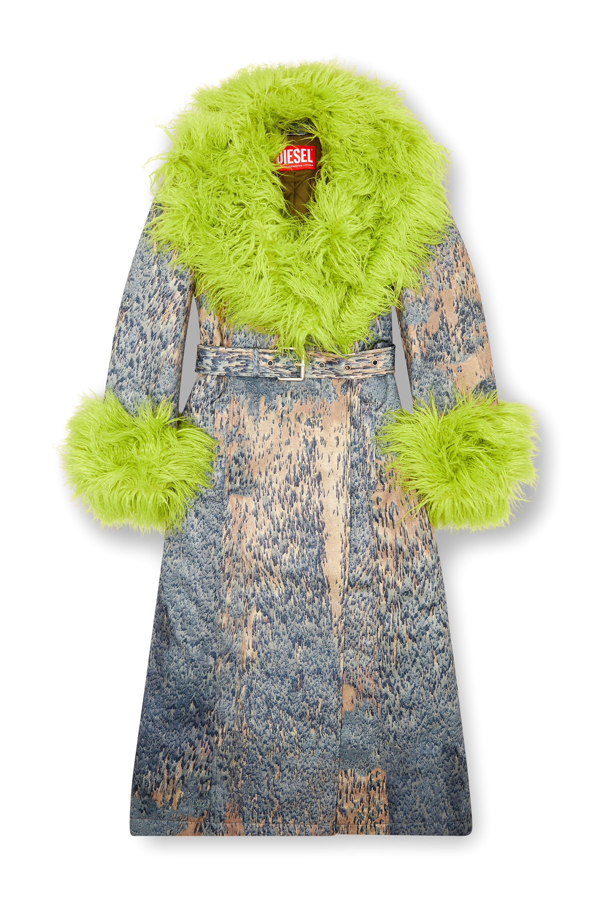 Women's Printed trench coat with shaggy trims | Multicolor