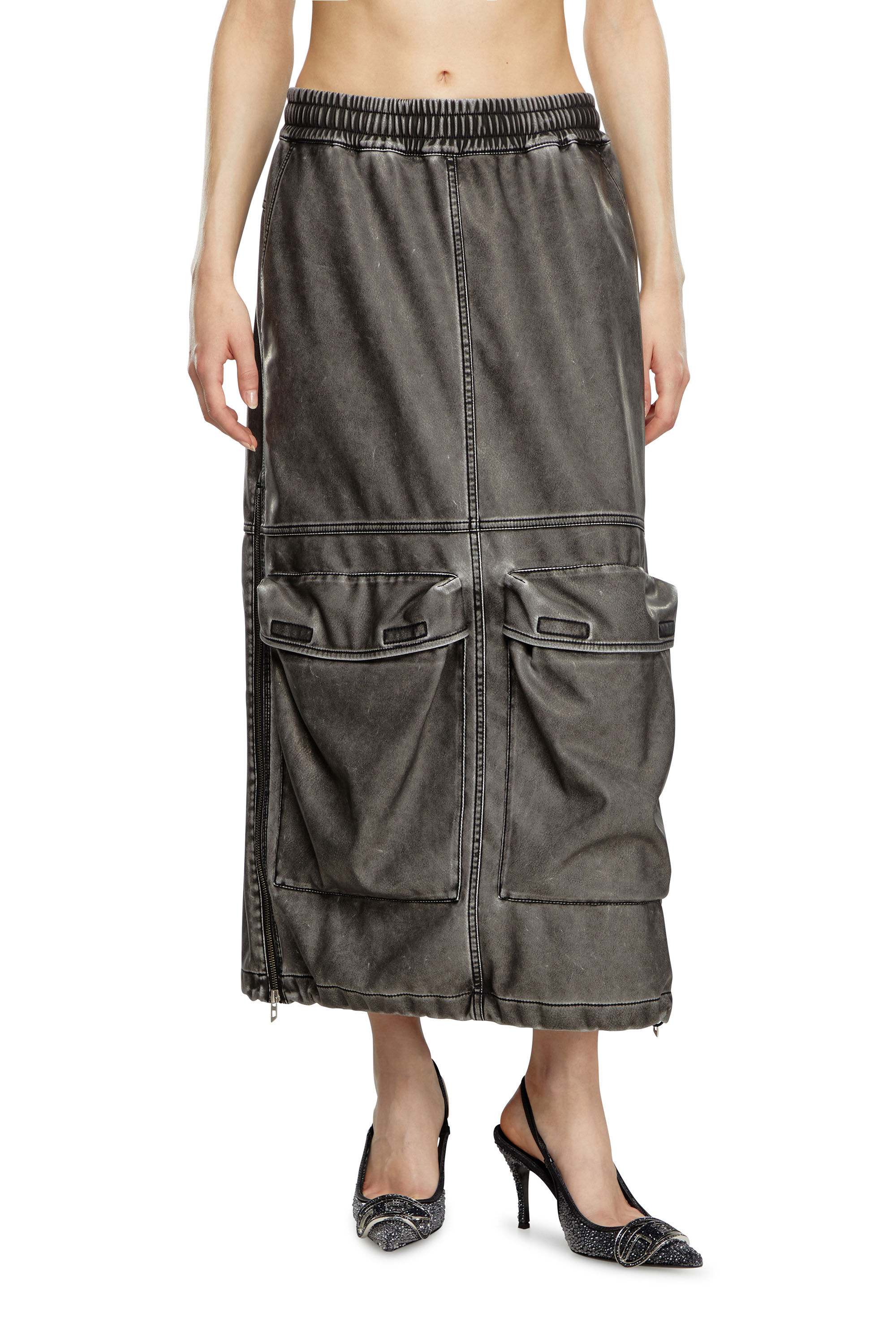 Diesel - O-DYSSEY-P1, Woman's Long skirt in washed tech fabric in Dark grey - 3
