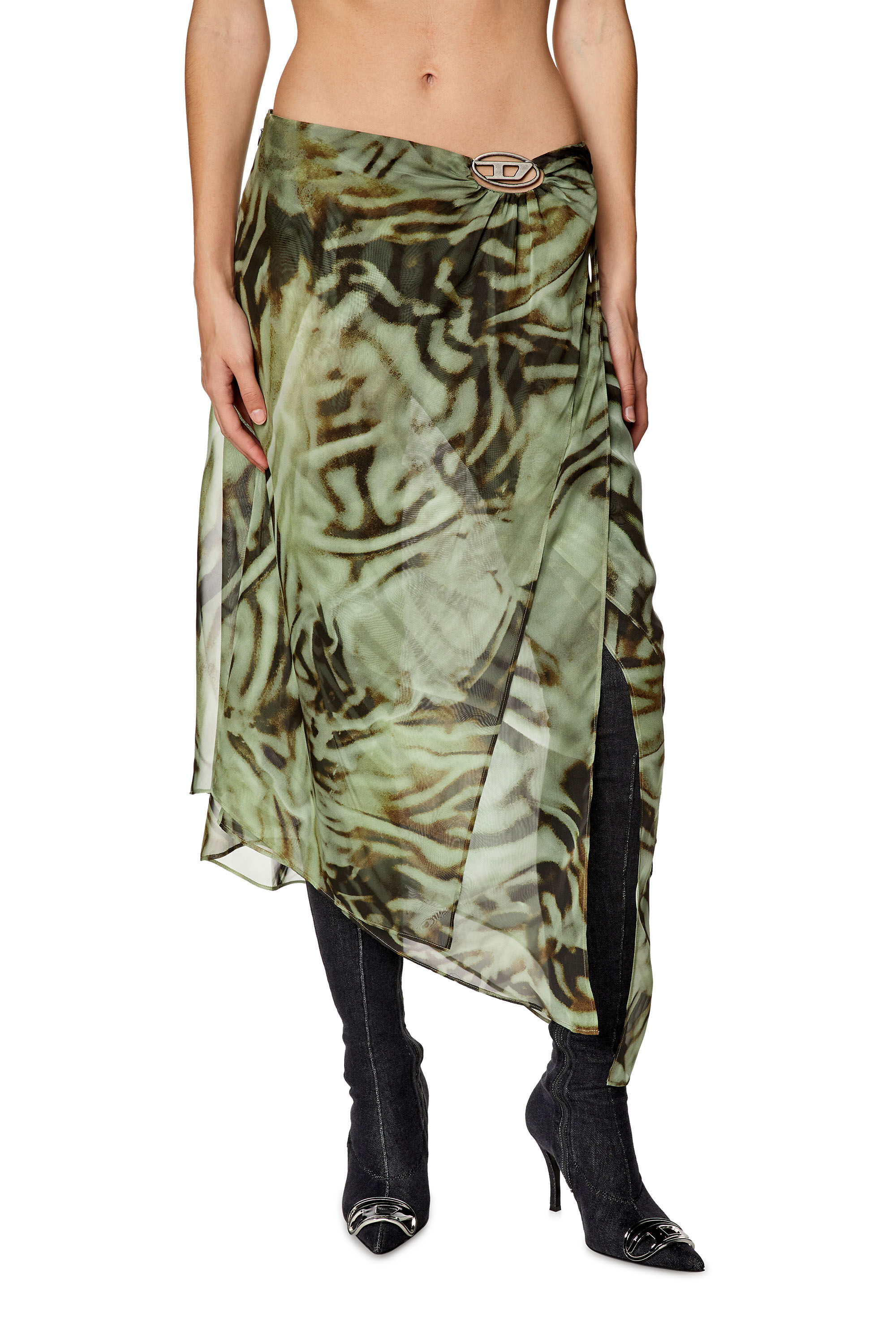 Women's Asymmetric midi skirt in camo chiffon | Green | Diesel