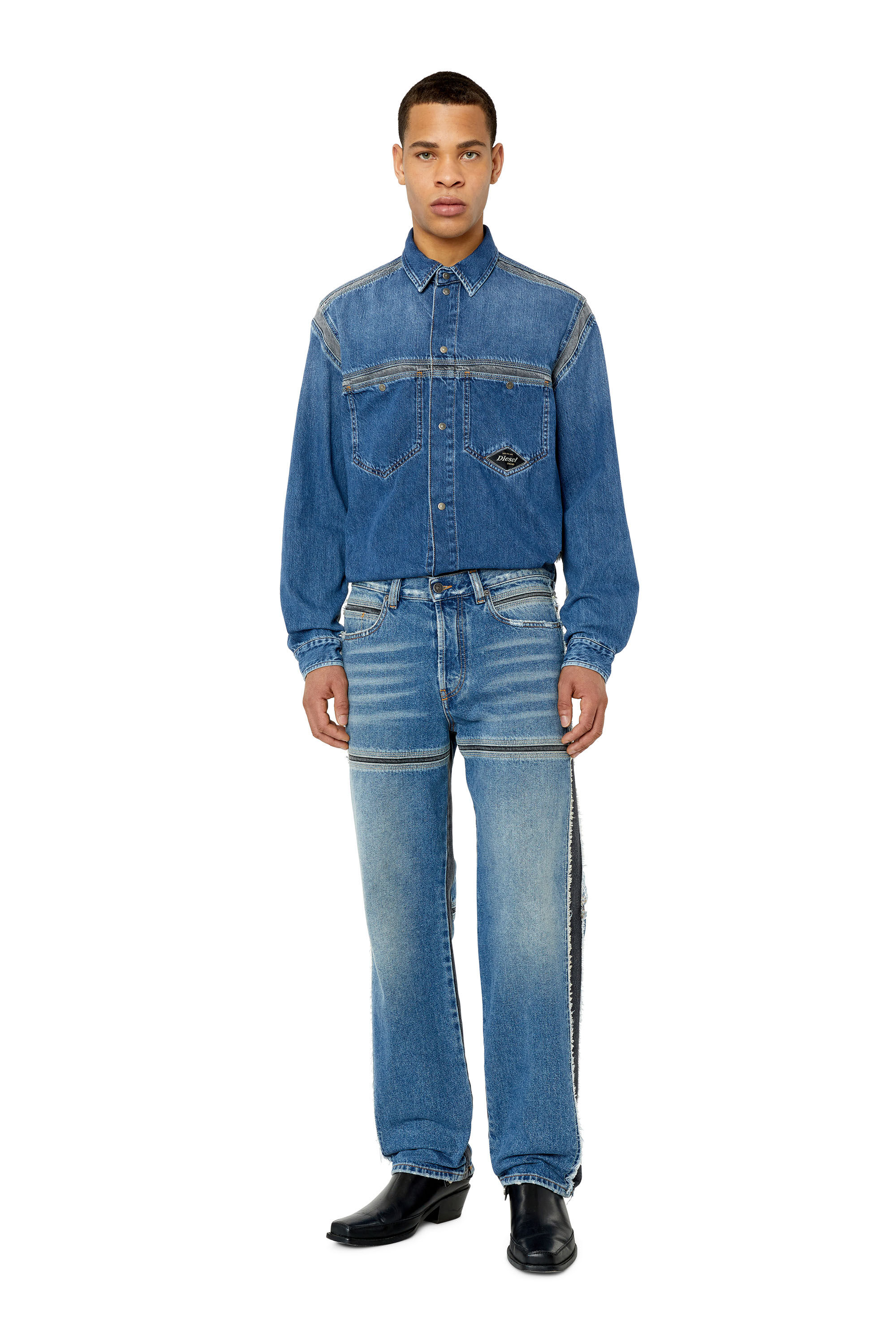 Diesel - D-HOR-FSS, Man's Denim shirt with contrasting inserts in Medium blue - 1