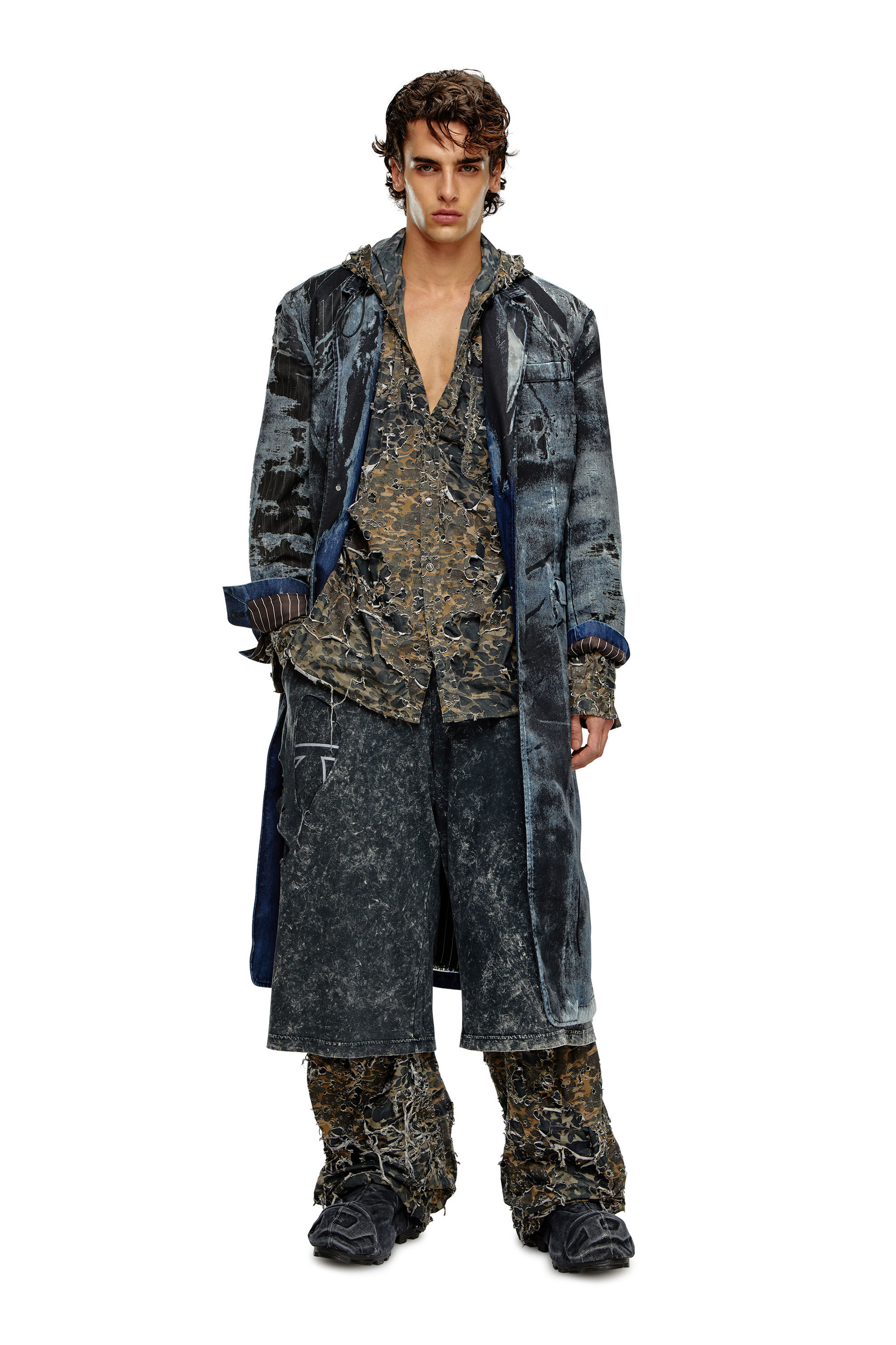 Men's trench Coat in pinstriped devoré Denim | Blue | Diesel
